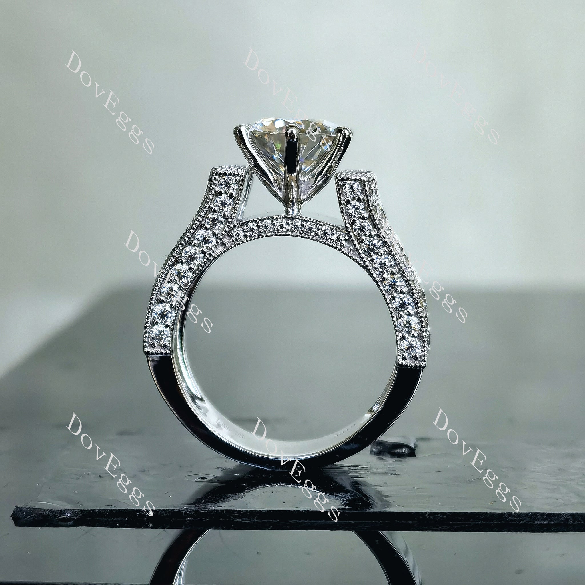 Doveggs round half eternity channel set pave moissanite engagement ring