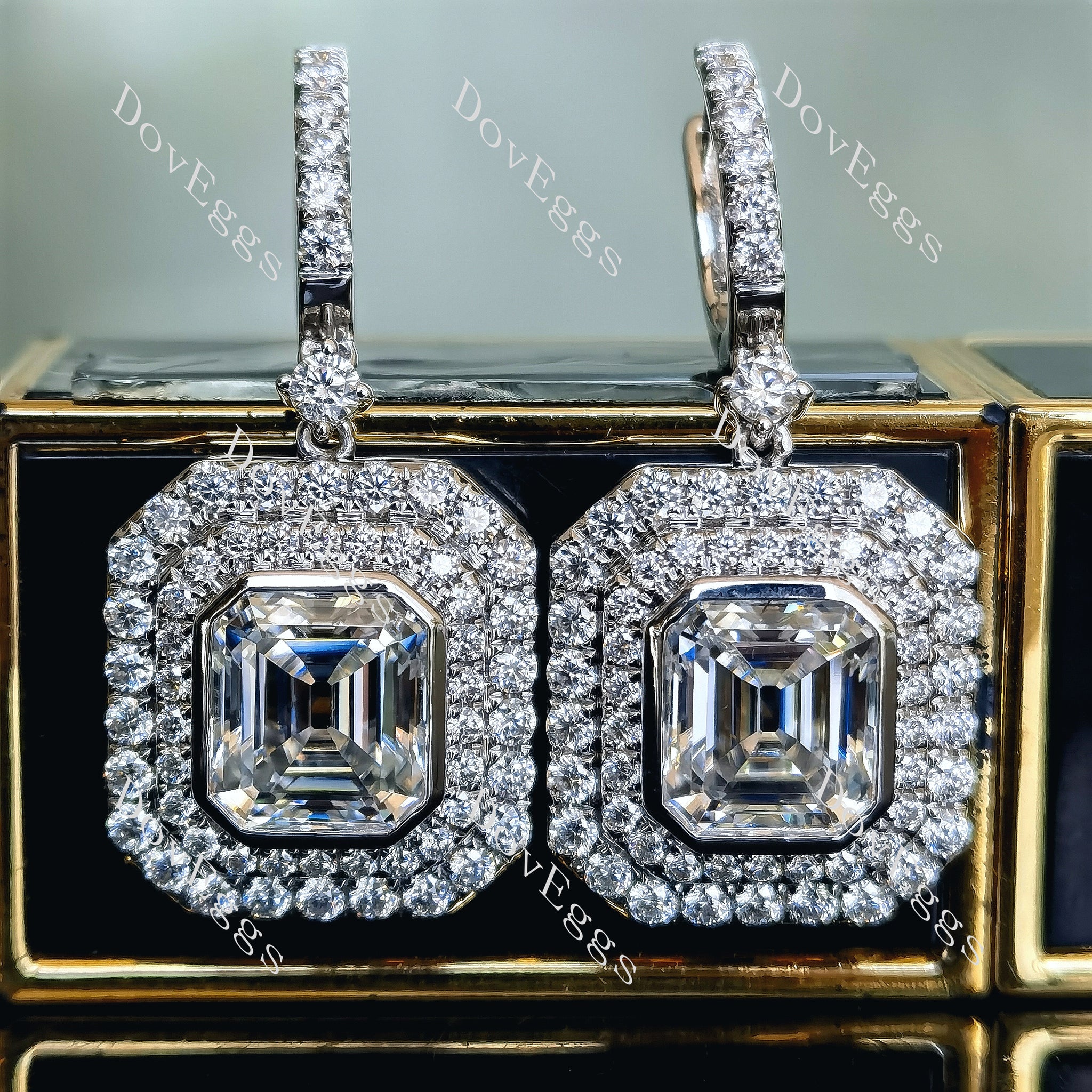 Doveggs Elizabeth Taylor Krupp cut bezel halo moissanite earrings