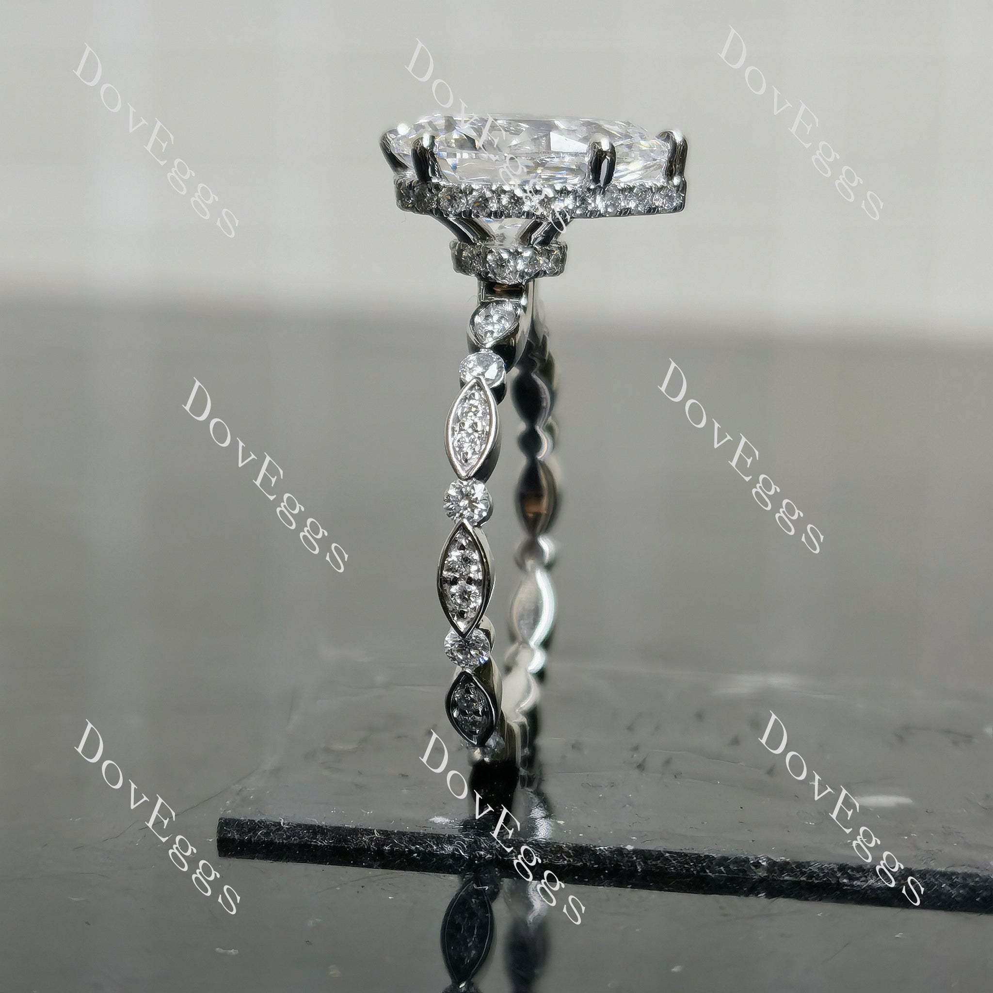 DovEggs pear pave hidden halo moissanite engagement ring
