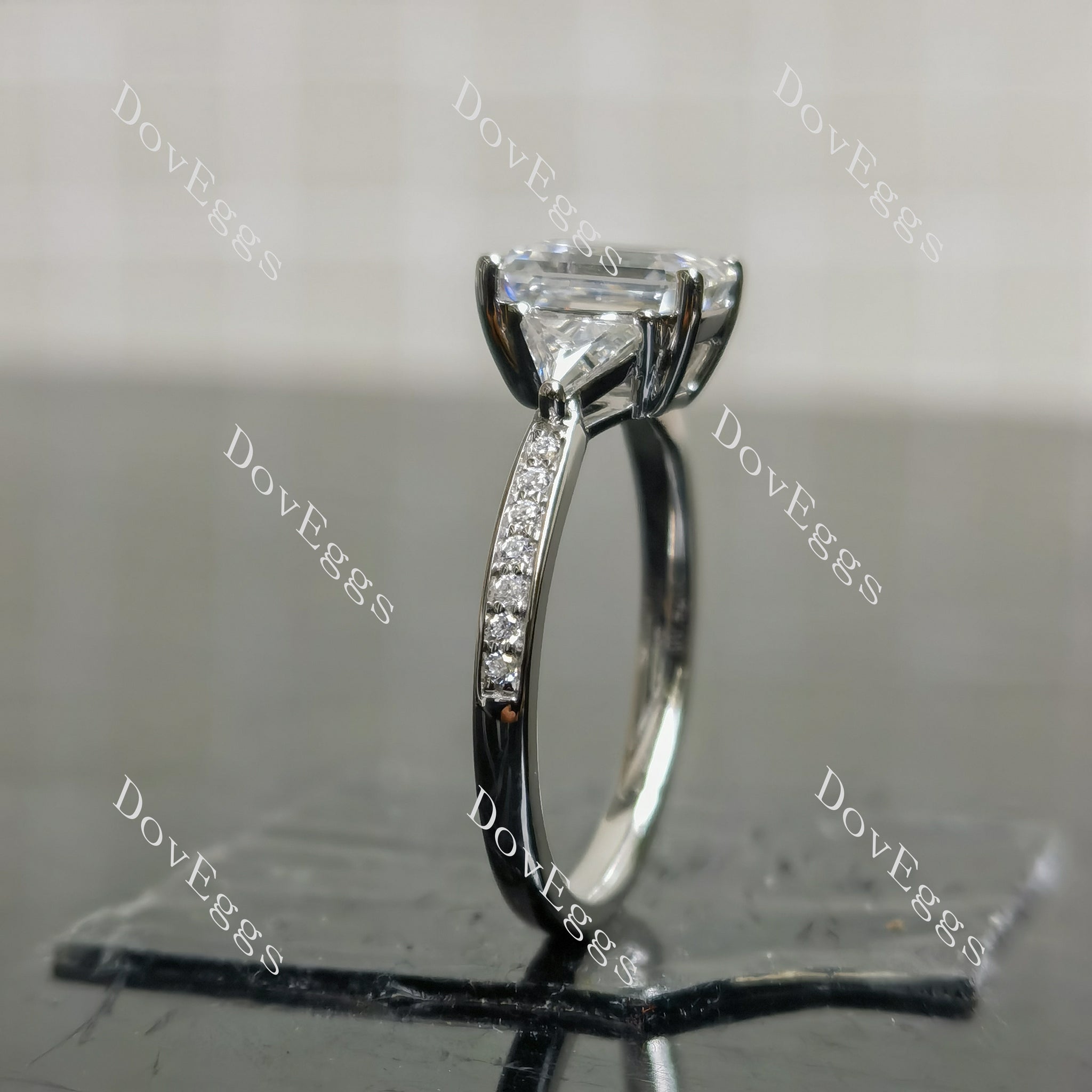 Doveggs emerald three stones pave moissanite engagement ring