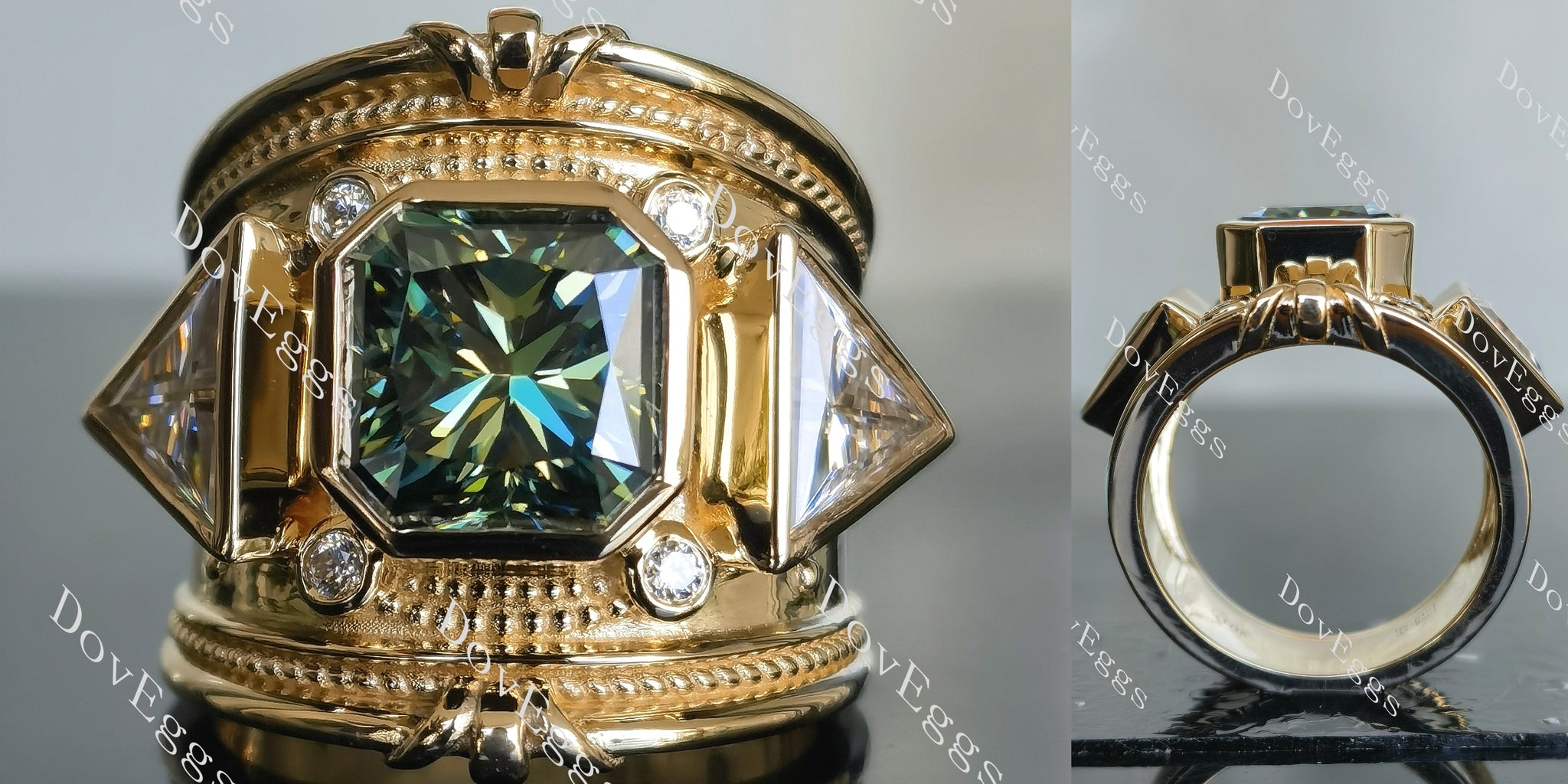 The Santorini radiant bezel art deco colored moissanite engagement ring