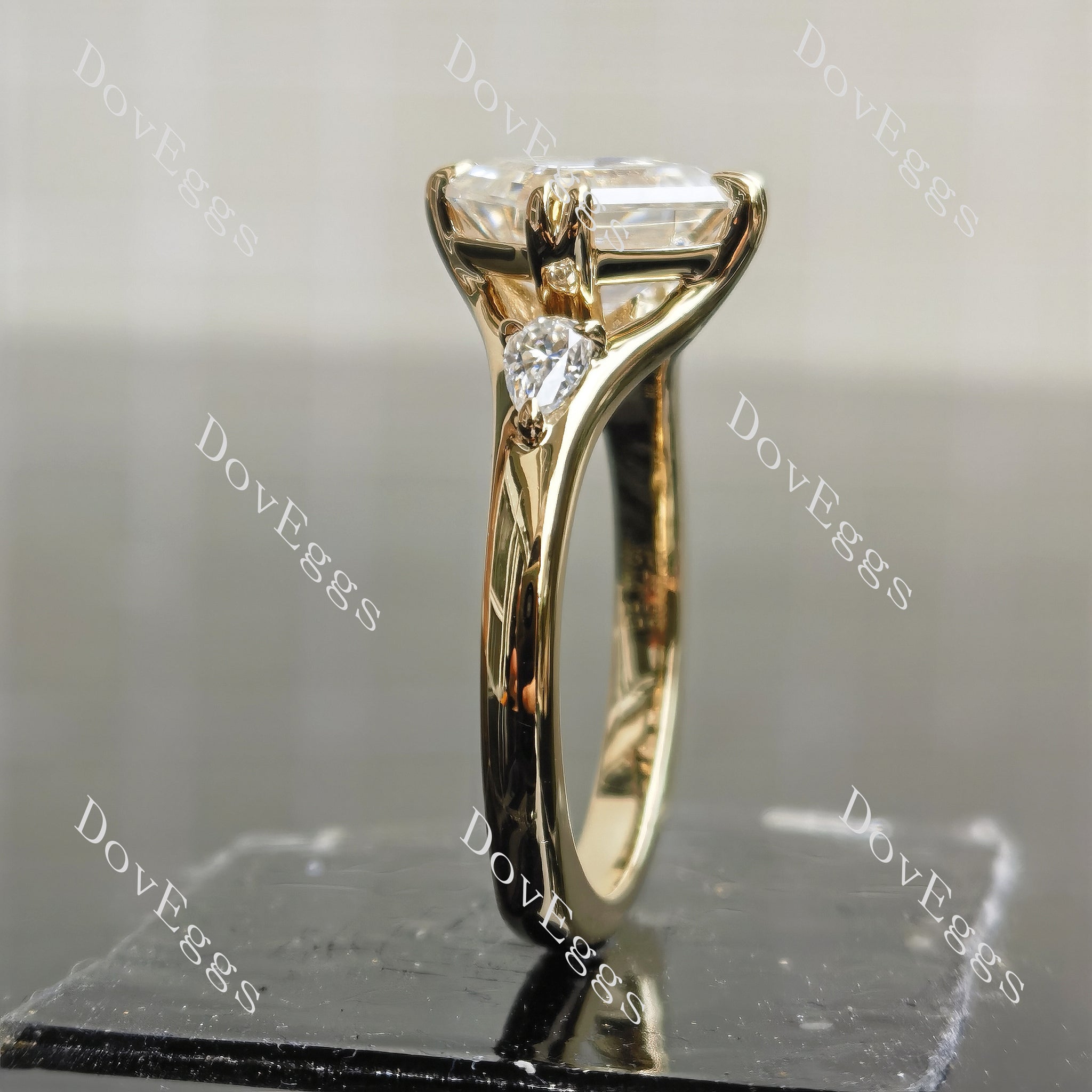 Doveggs asscher three stones split shanks colored moissanite engagement ring