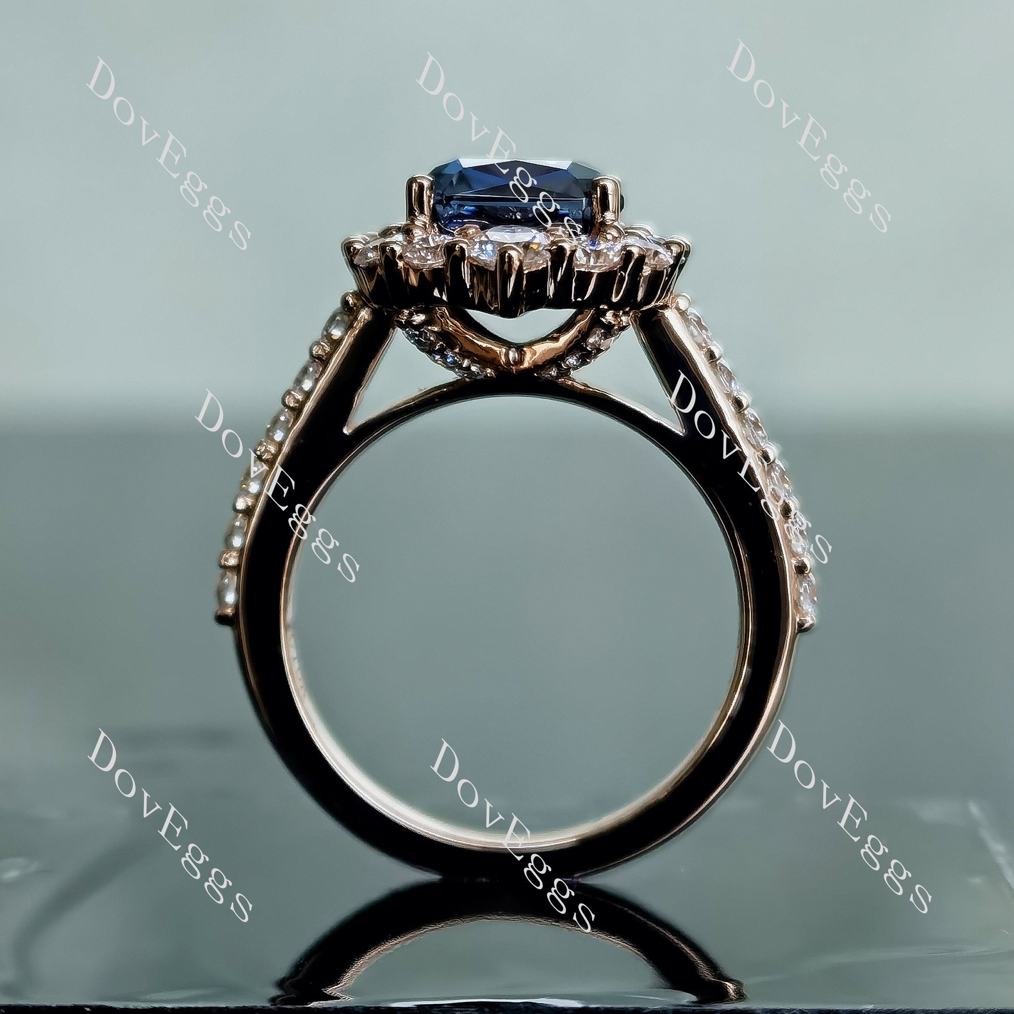 Doveggs criss cut halo twilight blue moissanite engagement ring