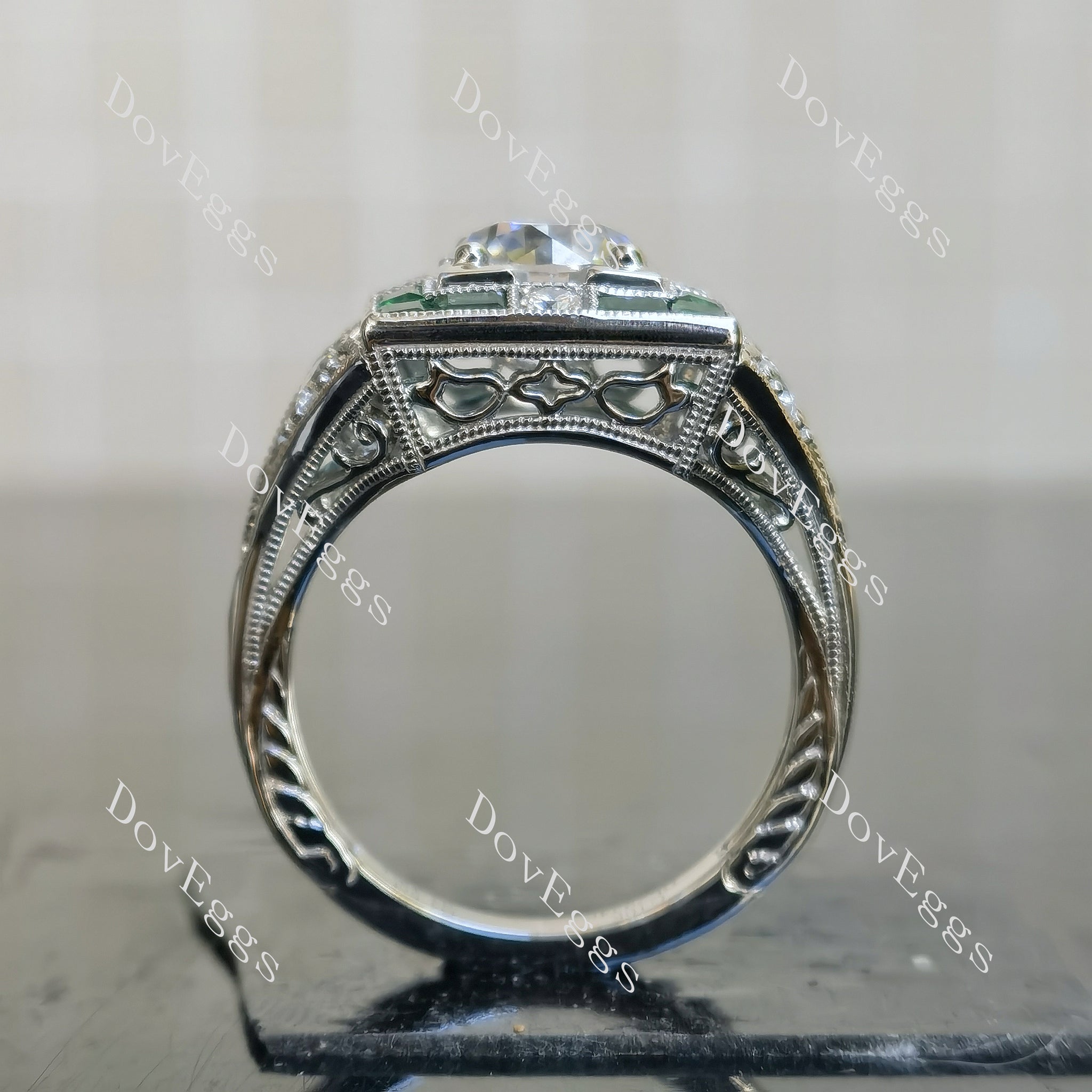 Doveggs round pave art deco vintage moissanite engagement ring