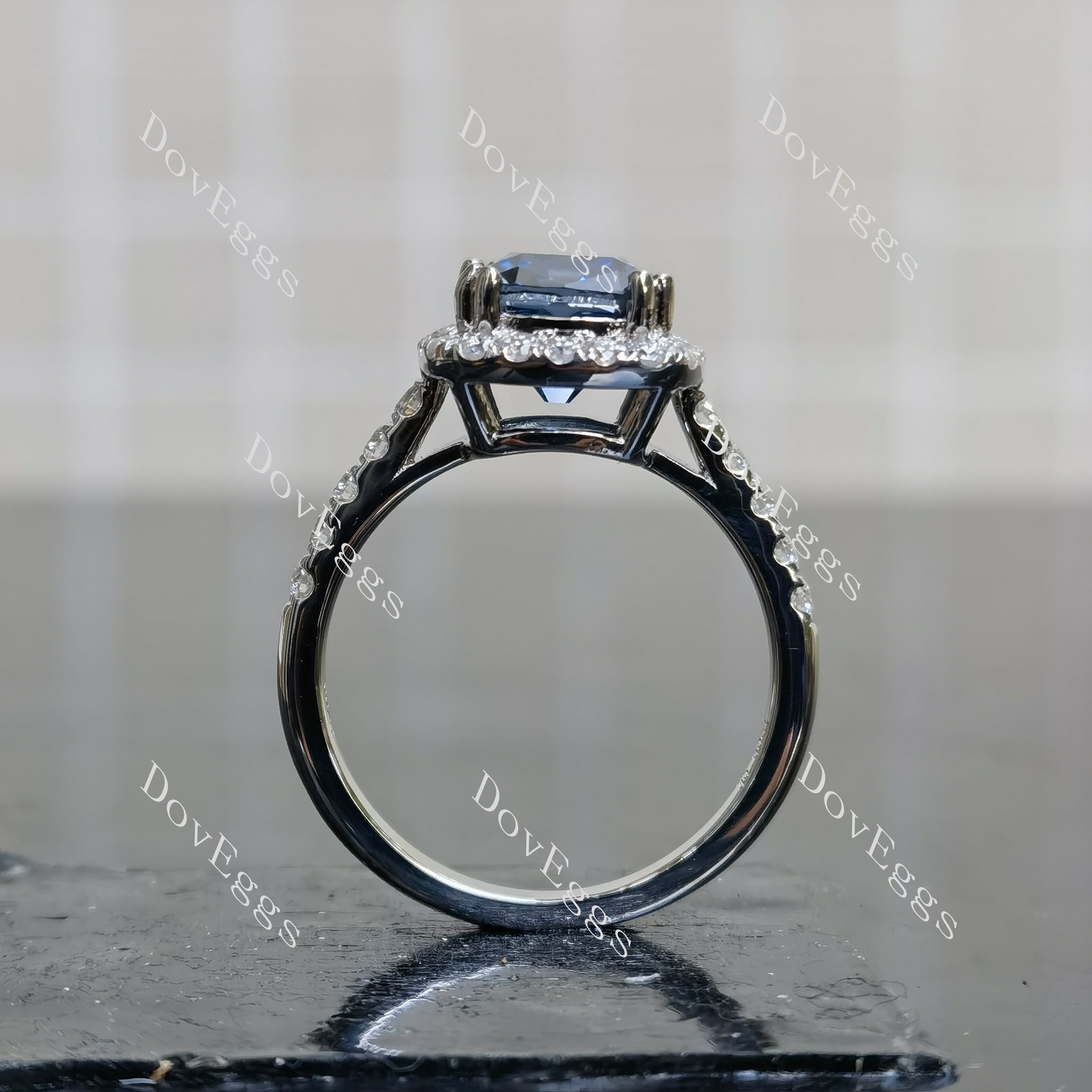 Doveggs cushion halo twilight blue moissanite engagement ring