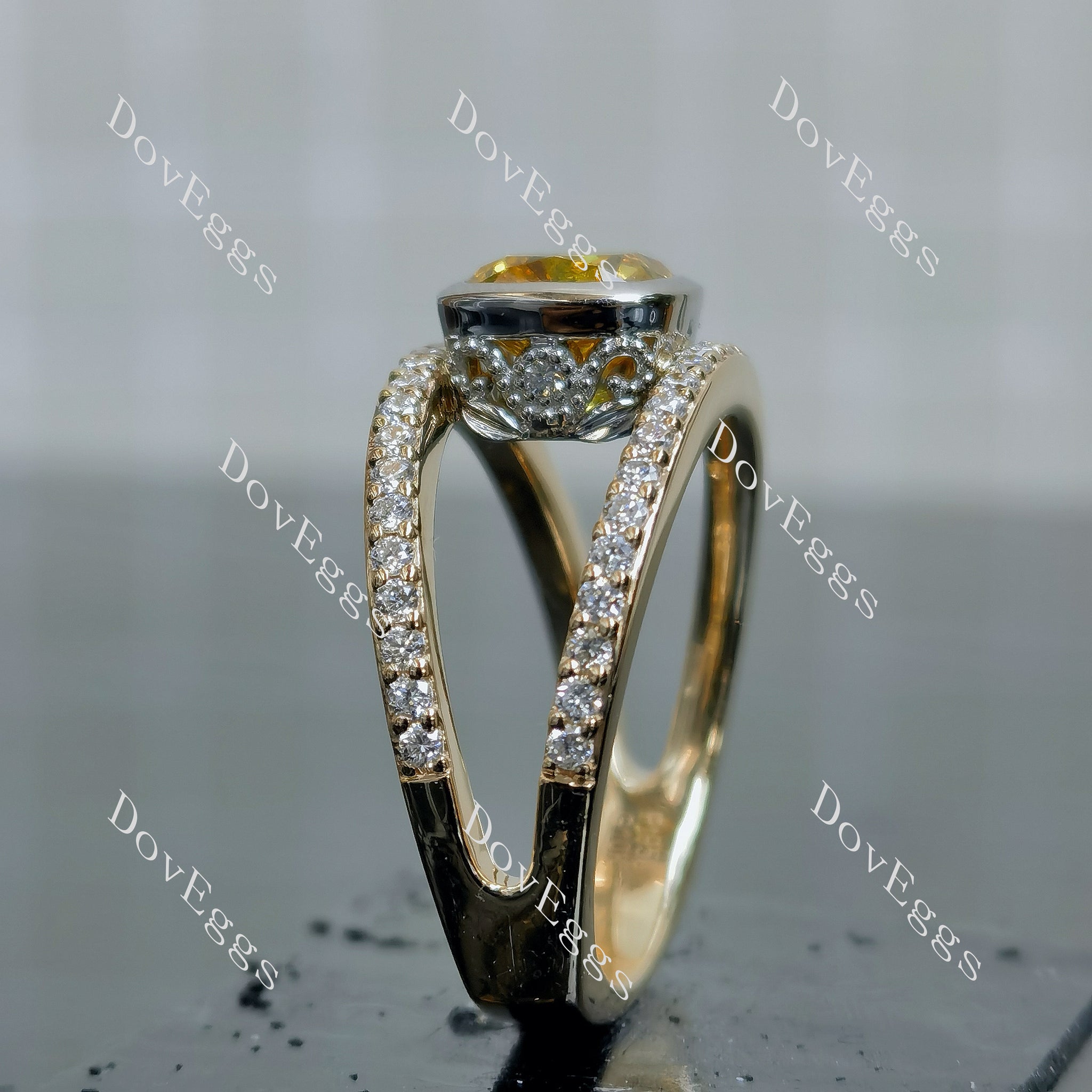 Doveggs Cushion Bezel Split Shanks Yellow Lab Grown Diamond Engagement Ring