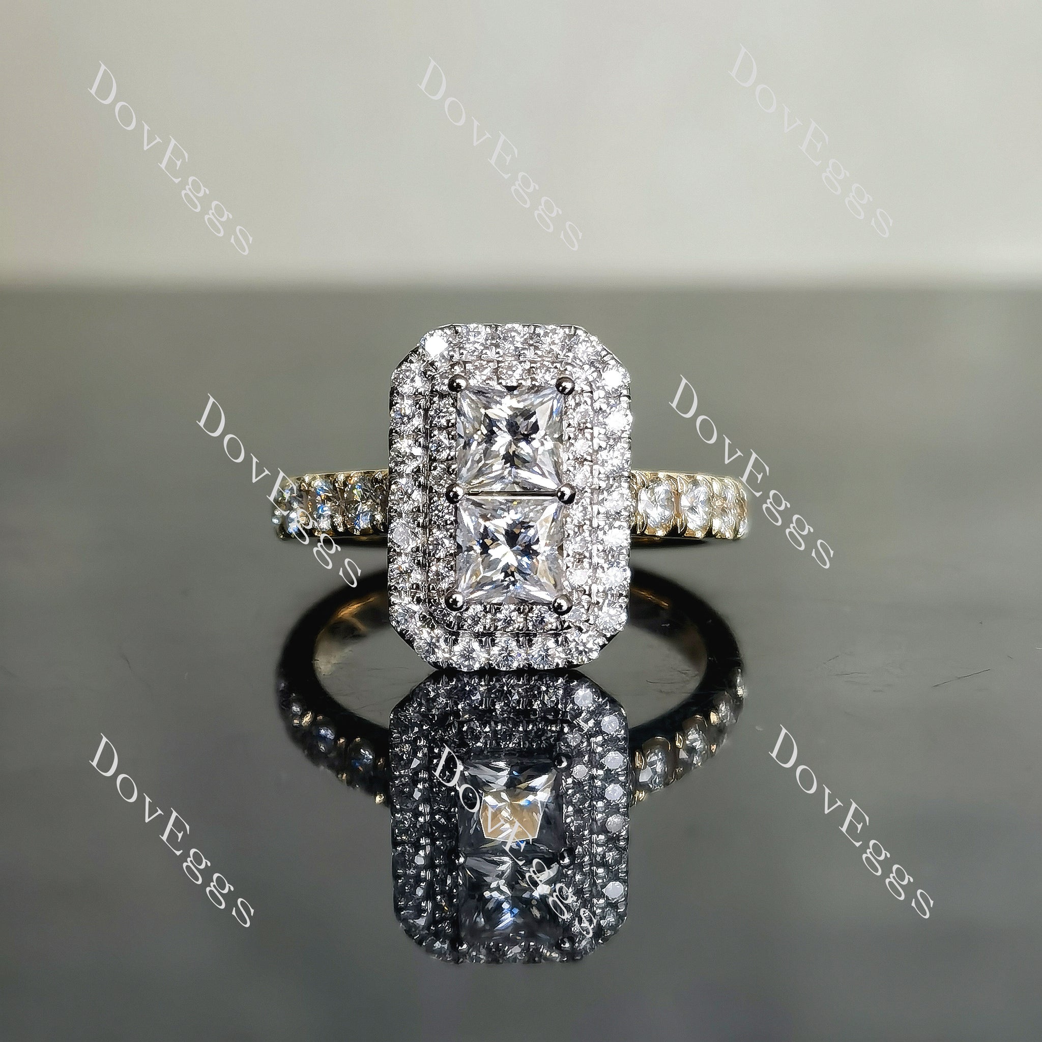 Doveggs princess double halo half eternity pave moissanite engagement ring