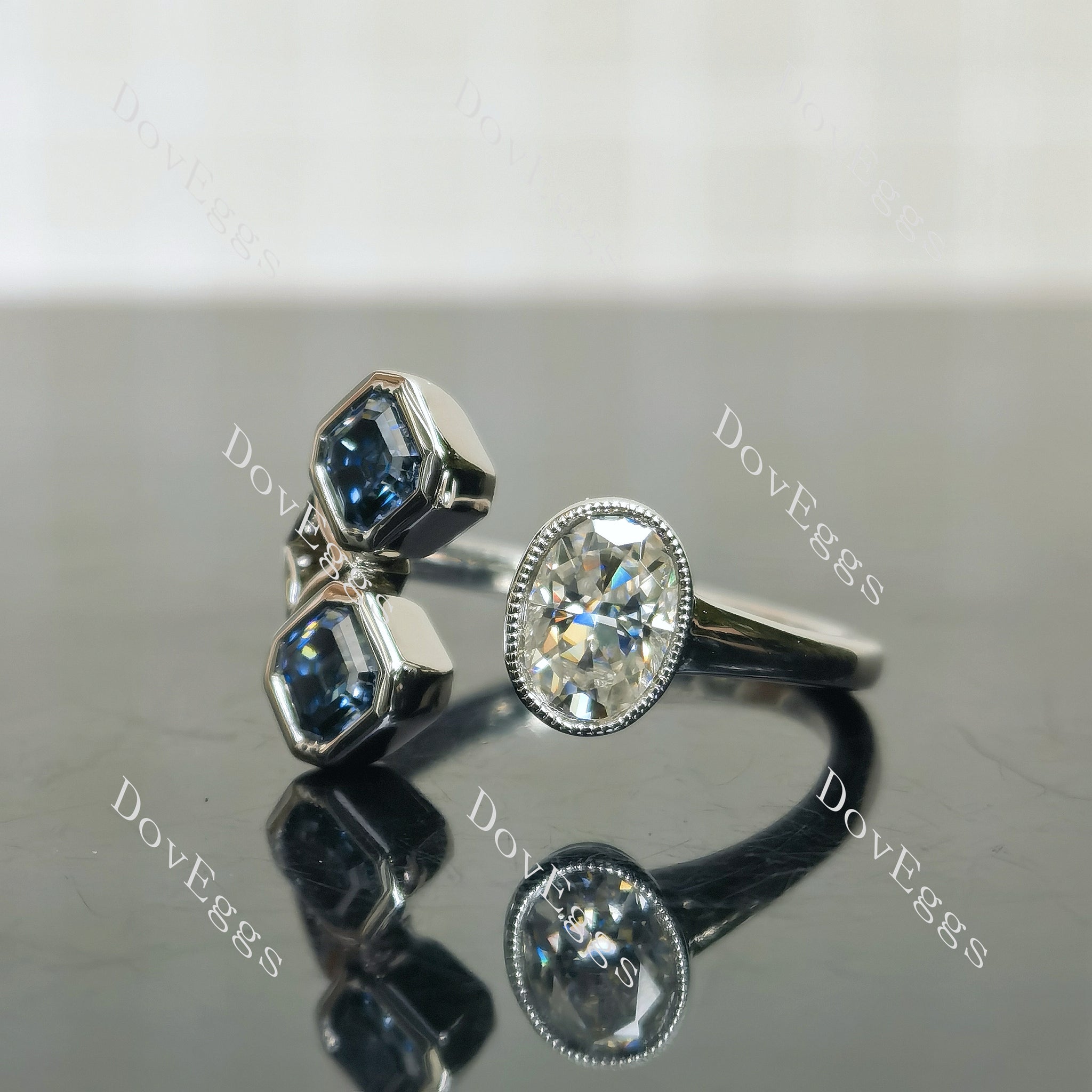 Doveggs oval asscher bezel three stones moissanite engagement ring