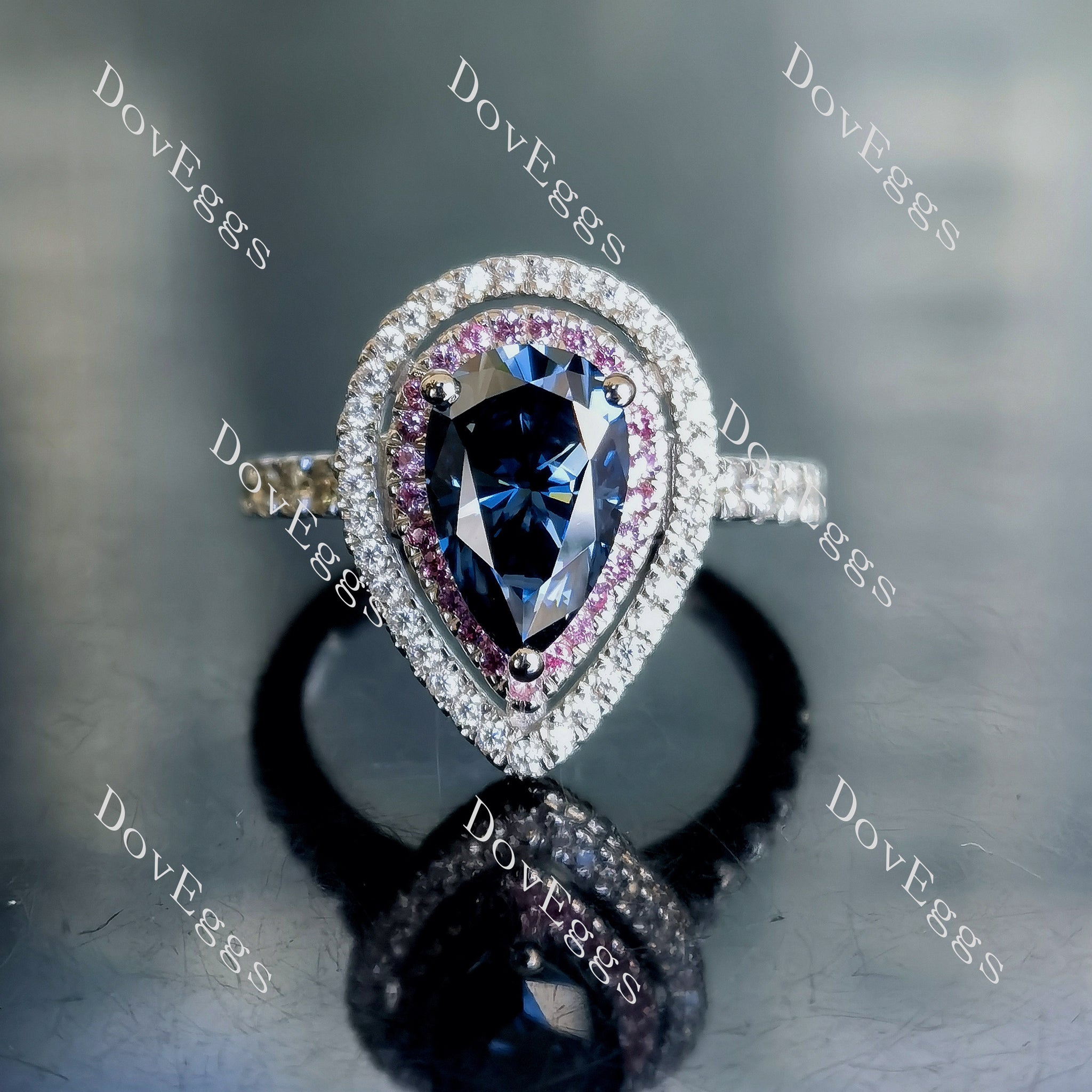 DovEggs pear double halo twilight blue moissanite engagement ring