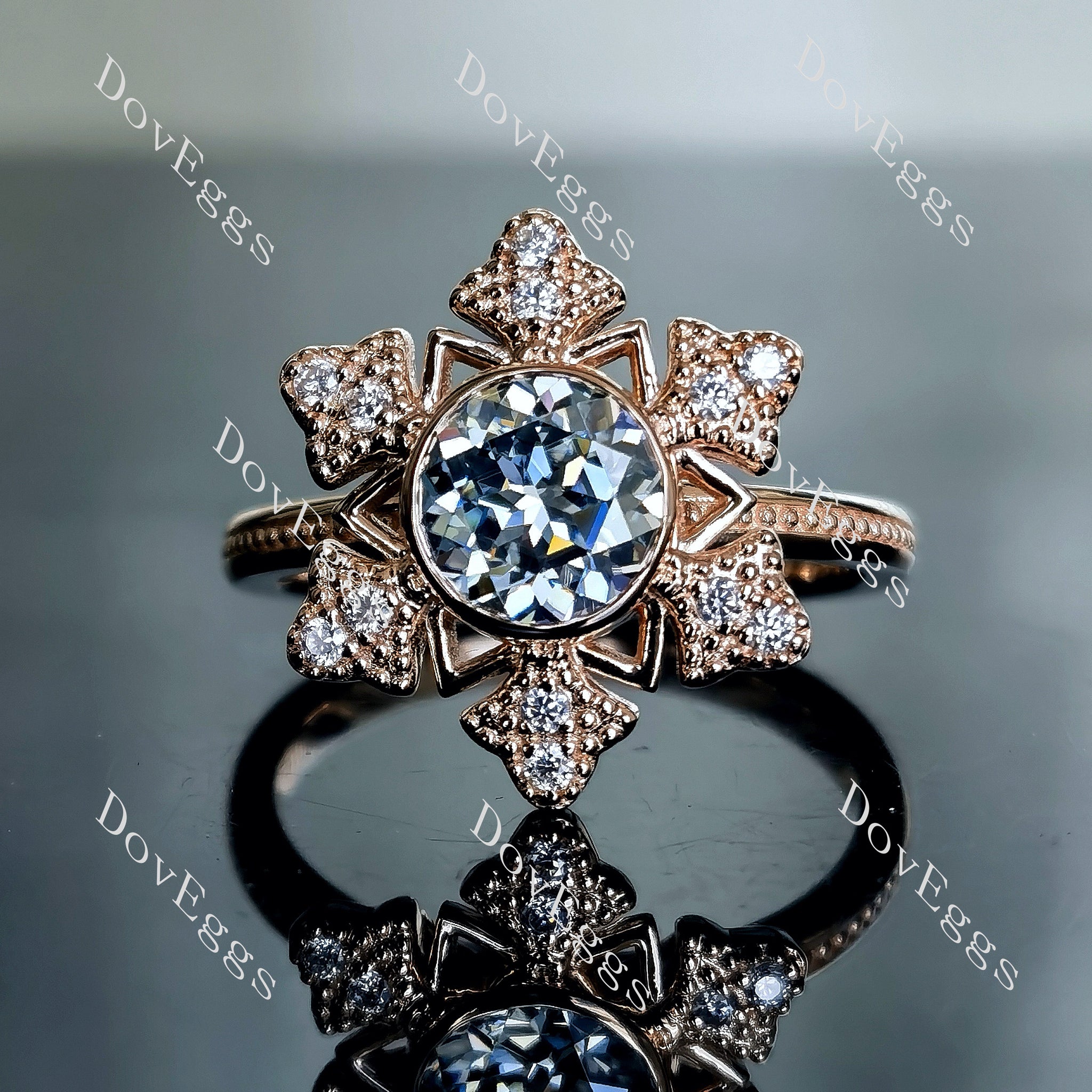 Doveggs round bezel floral smokey spark grey moissanite engagement ring