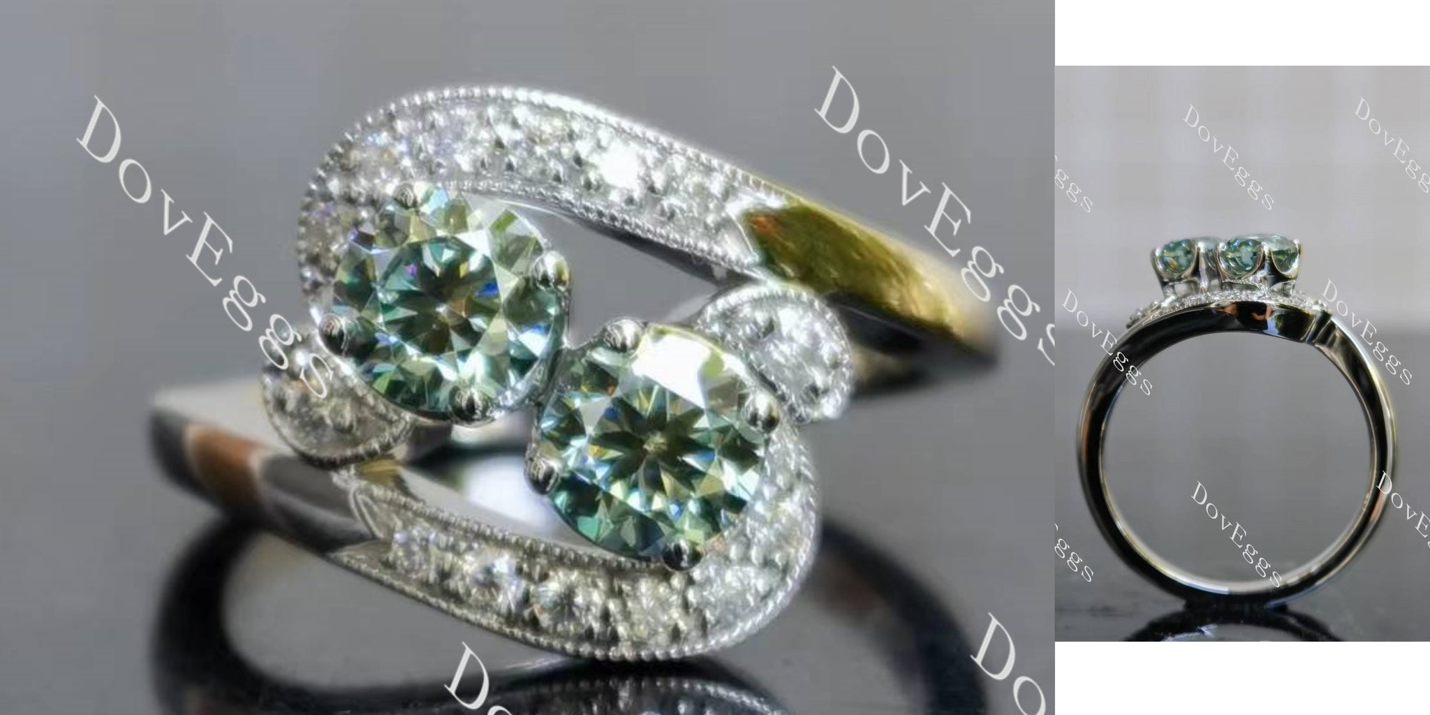 round two-stone vintage colored moissanite engagement ring