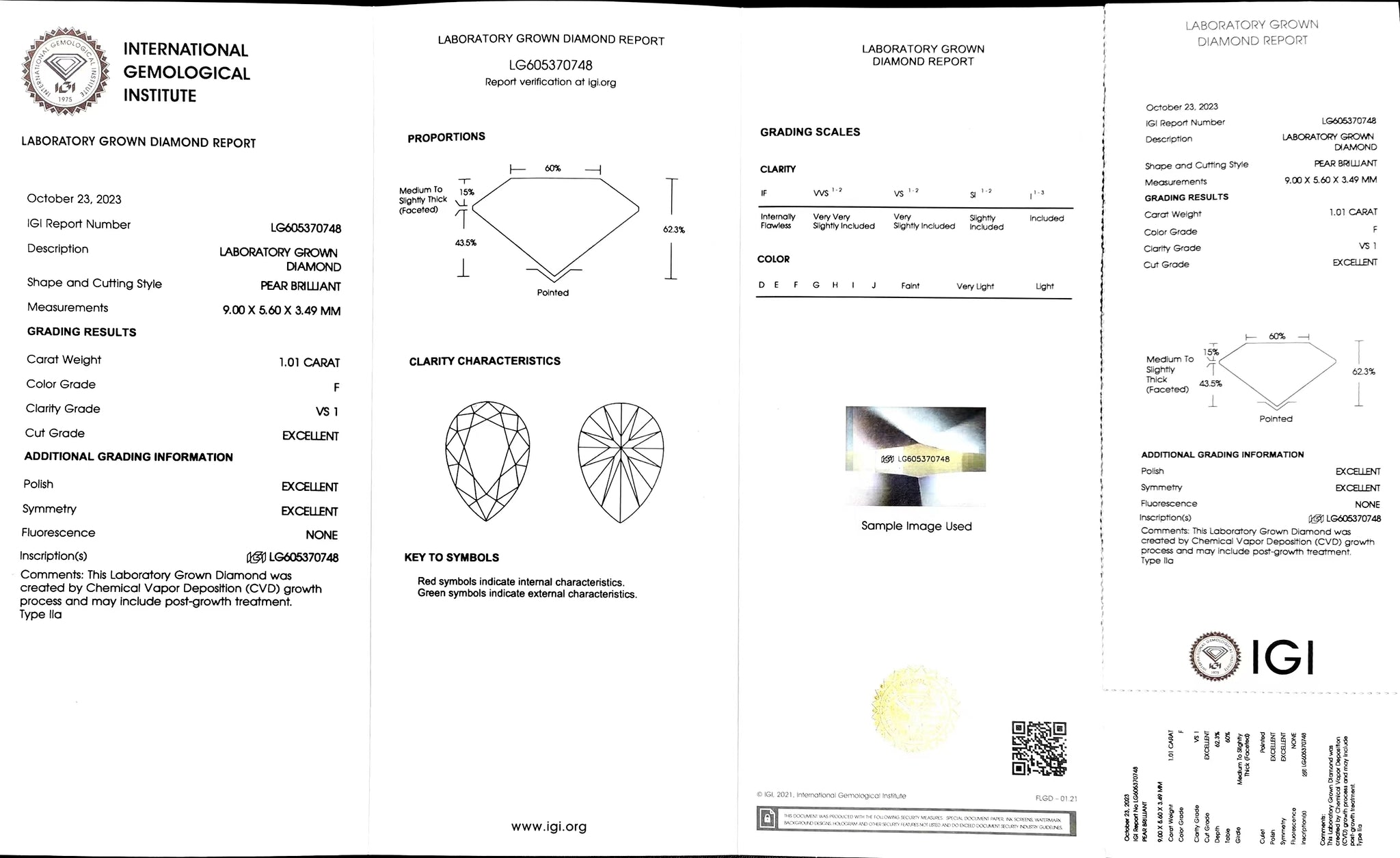  "IGI certificate for 1.01ct pear cut F color VS1 lab diamond"