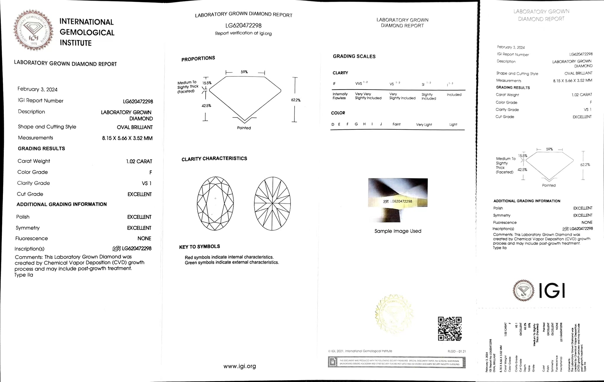 "certificate for 1.02ct oval cut F color VS1 lab diamond"