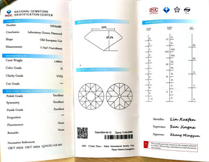 NGIC certificate for 1.660ct round excellent cut D/VVS2 lab diamond