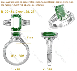 Doveggs elongated emerald half eternity pave split shank moissanite ring