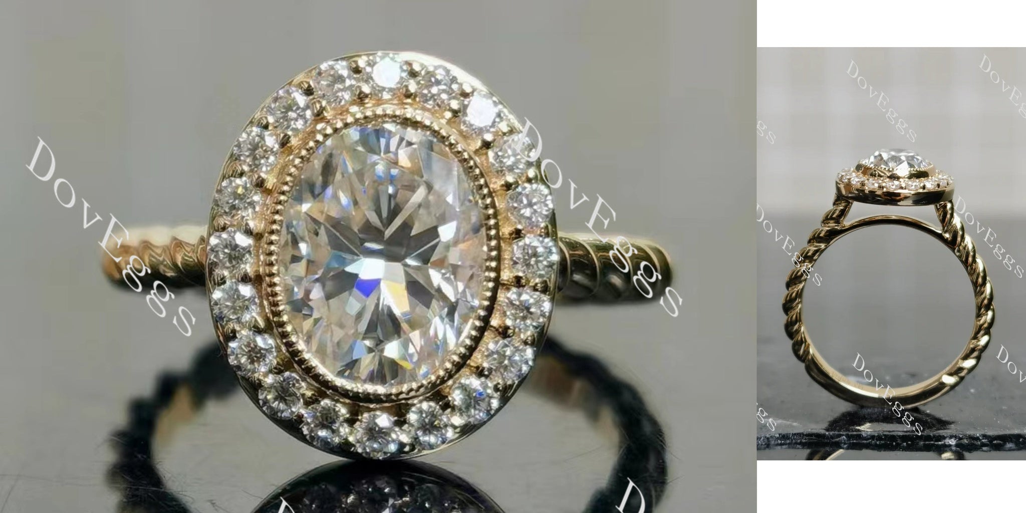 Halo oval bezel moissanite engagement ring