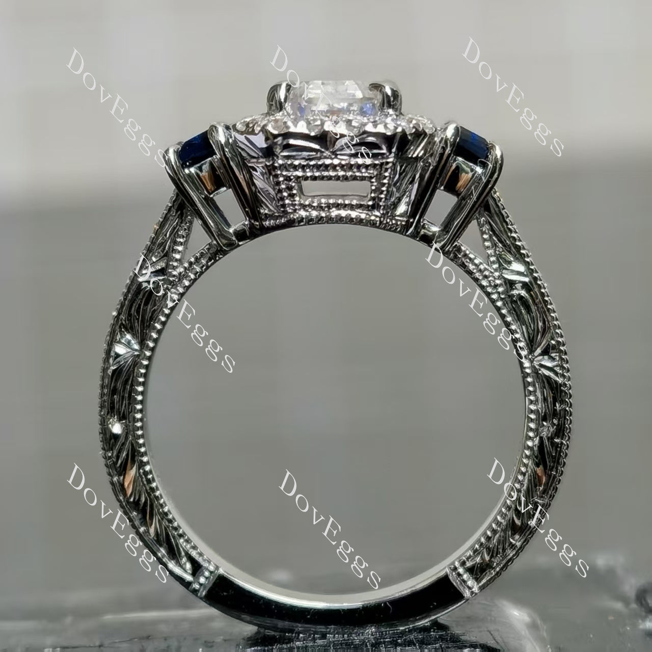 Doveggs halo pave side stones vintag engagement ring semi-mount only(Exclusively to DovEggs Stones)