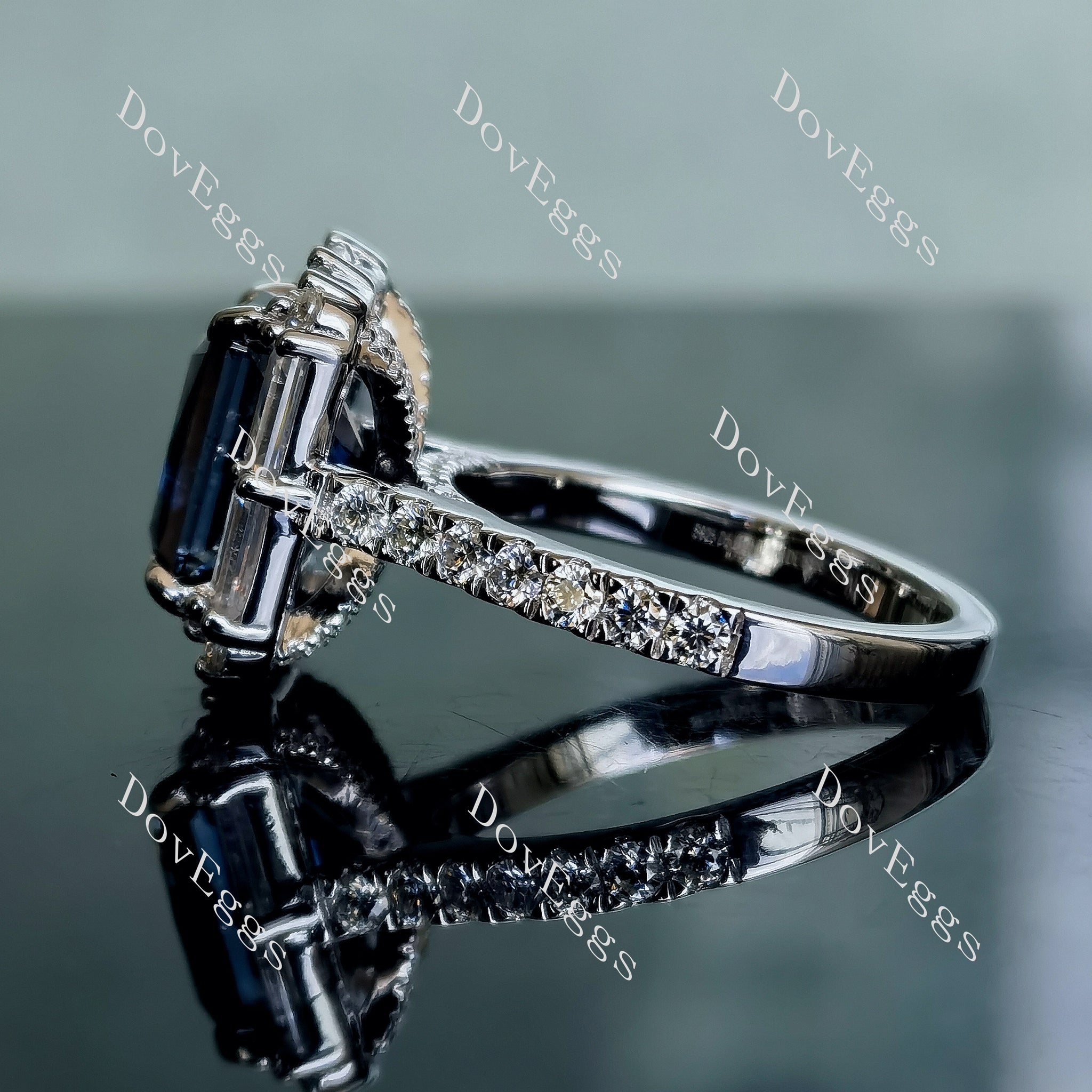 Doveggs radiant halo pave twilight blue moissanite engagement ring