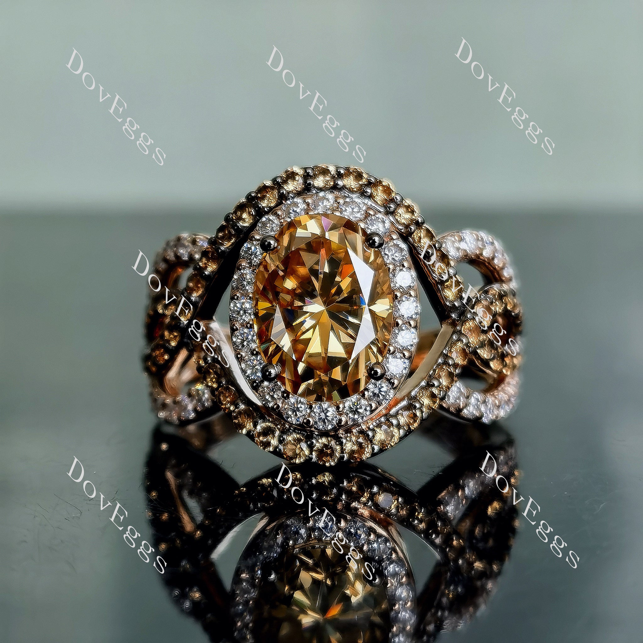 Amber Moments oval halo split shank half eternity pave colored moissanite engagement ring