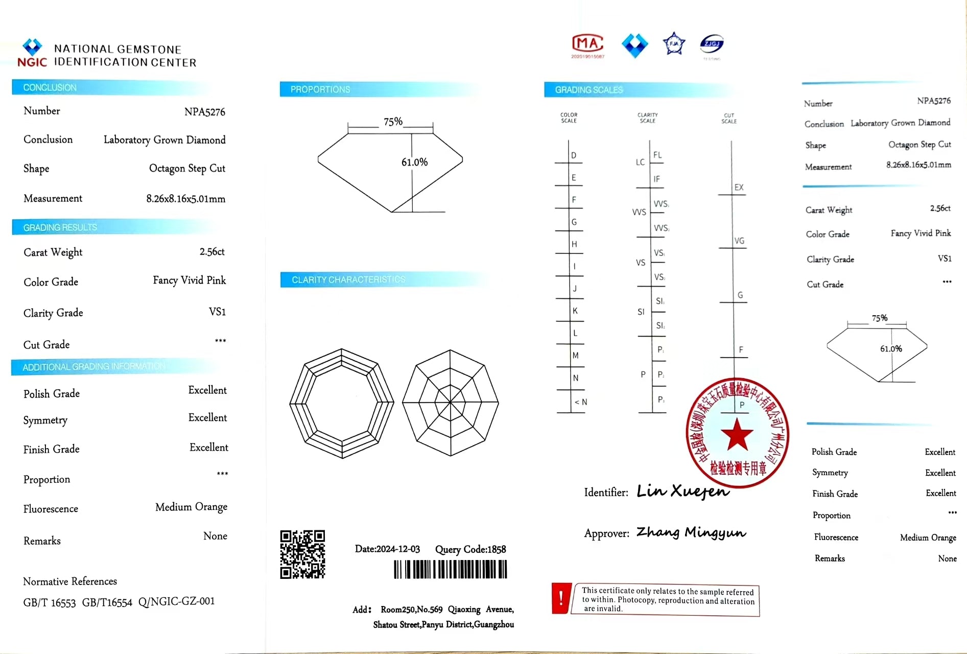 NGIC certificate for 2.56ct modified octagon fancy vivid pink VS1 lab diamond