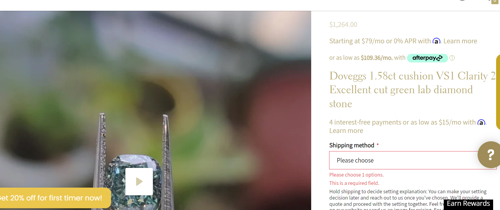 1st Layaway payment for 1.58ct cushion VS1 Clarity 2 Excellent cut green lab diamond (50.50)