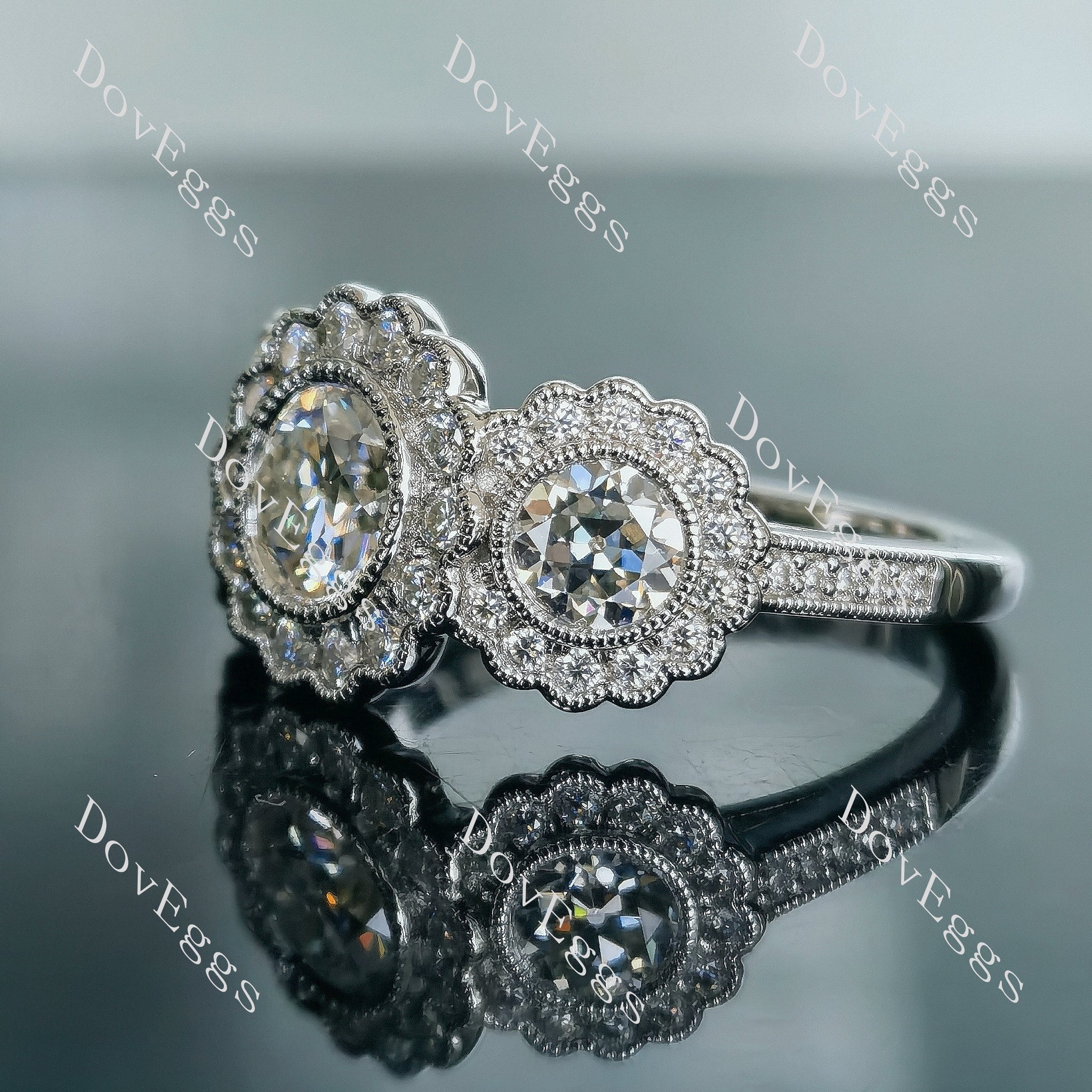 Doveggs round floral halo three stones moissanite engagement ring