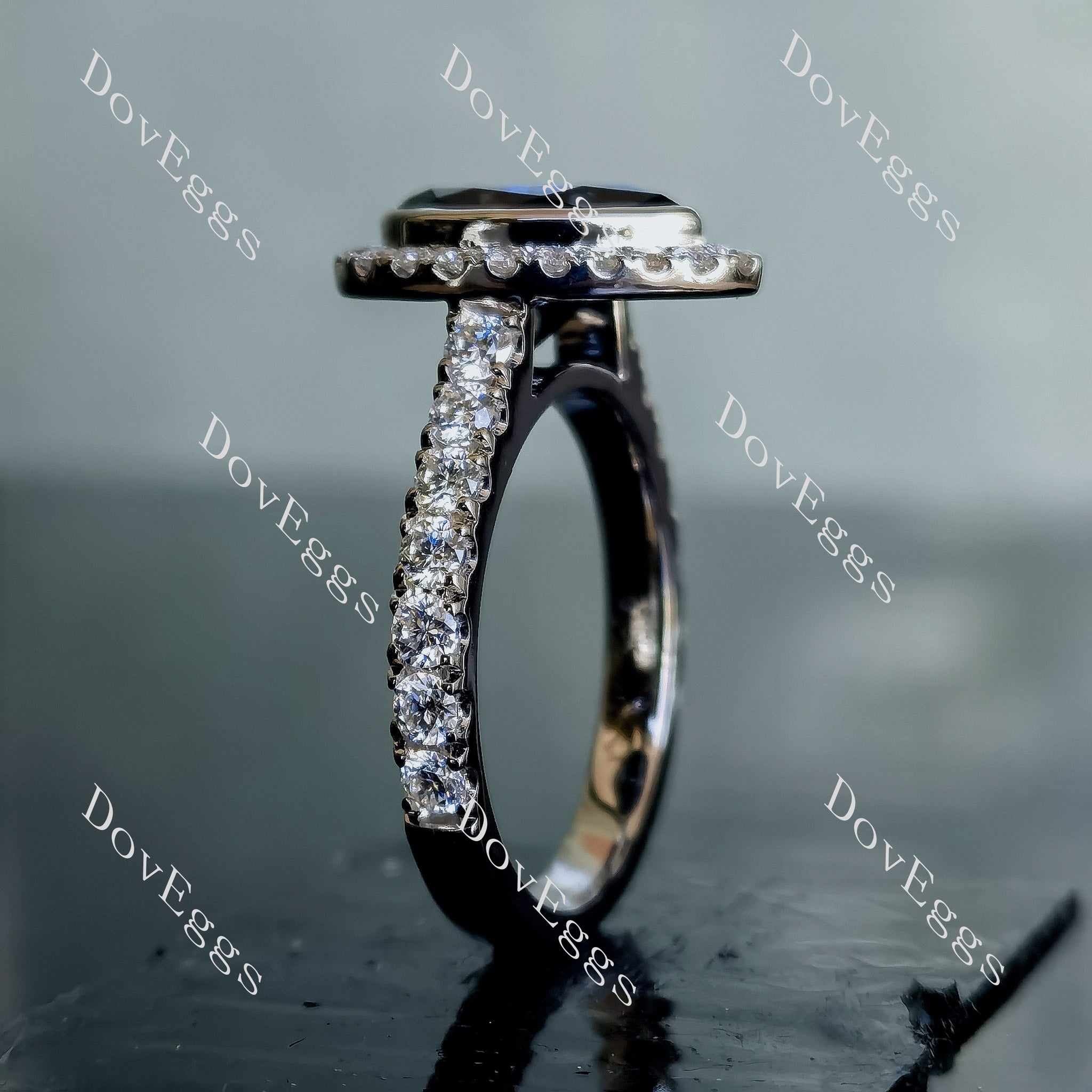 DovEggs pear halo bezel pave twilight blue moissanite engagement ring