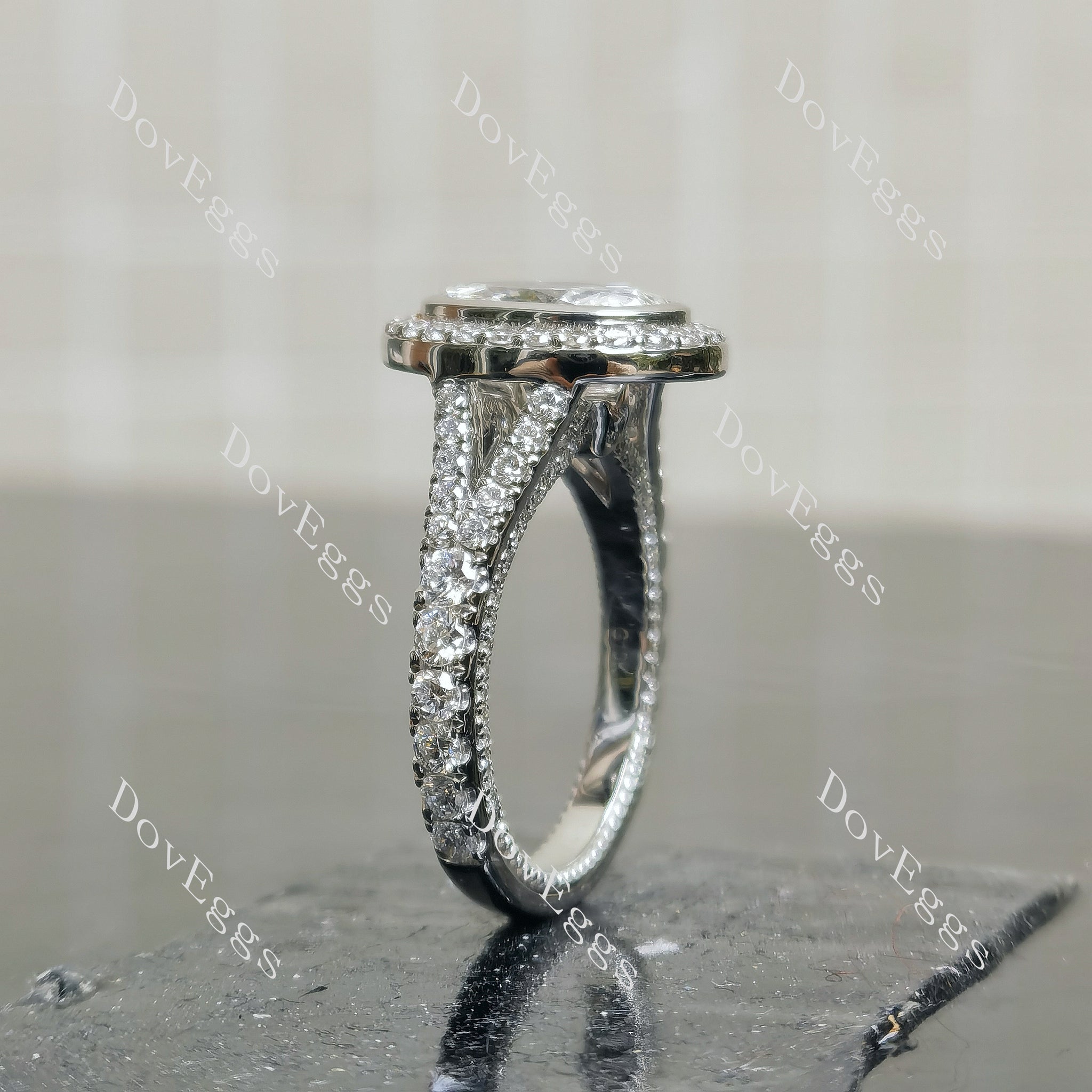 Doveggs Oval Bezel Halo Split Shanks 3/4 Eternity Lab Grown Diamond Engagement Ring