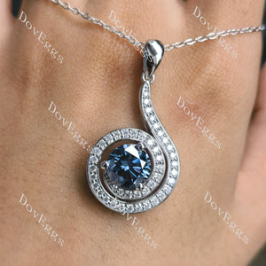 Doveggs Twilight blue Round loopback art deco pave halo moissnaite pendant necklace on hand view