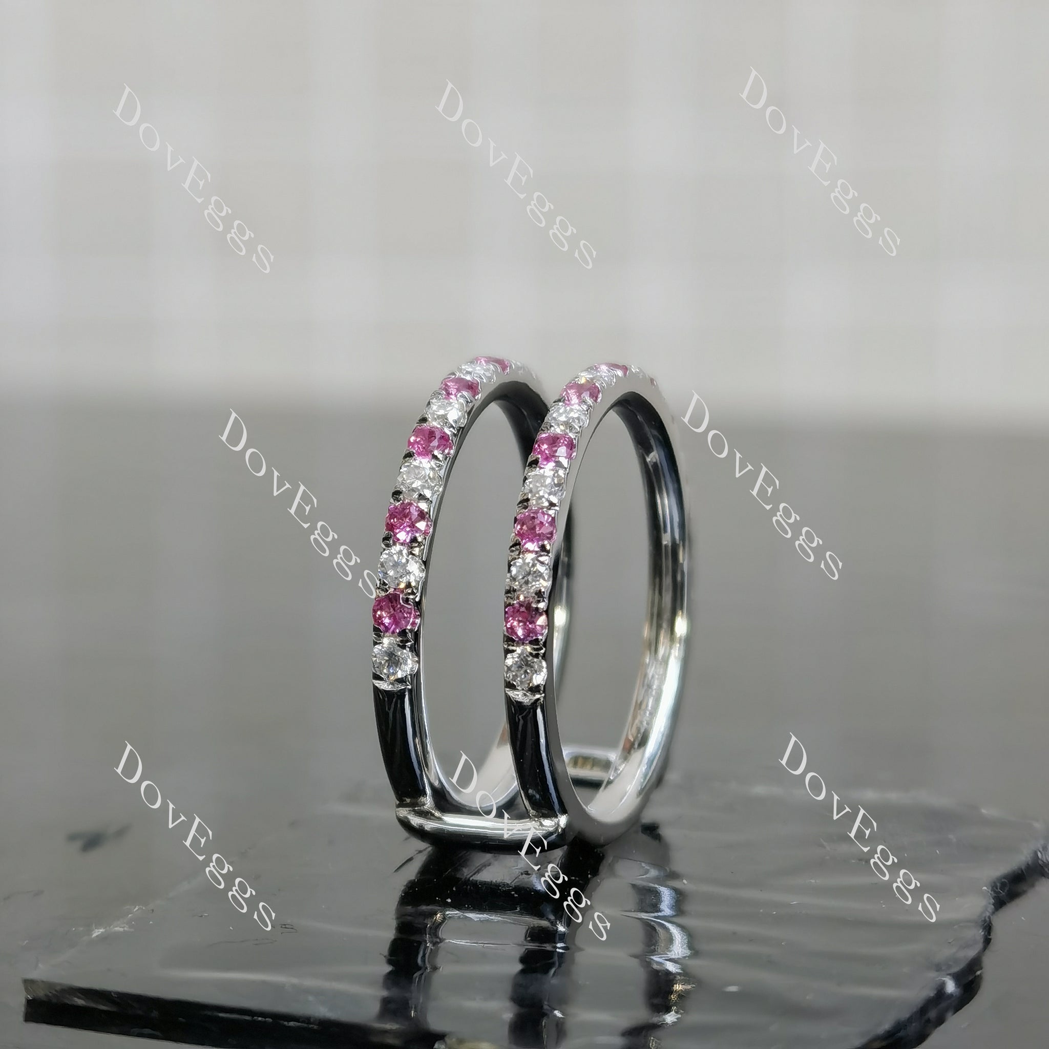 Doveggs round half eternity pave moissanite/lab grown diamond & colored gem wedding band-7.2mm band width
