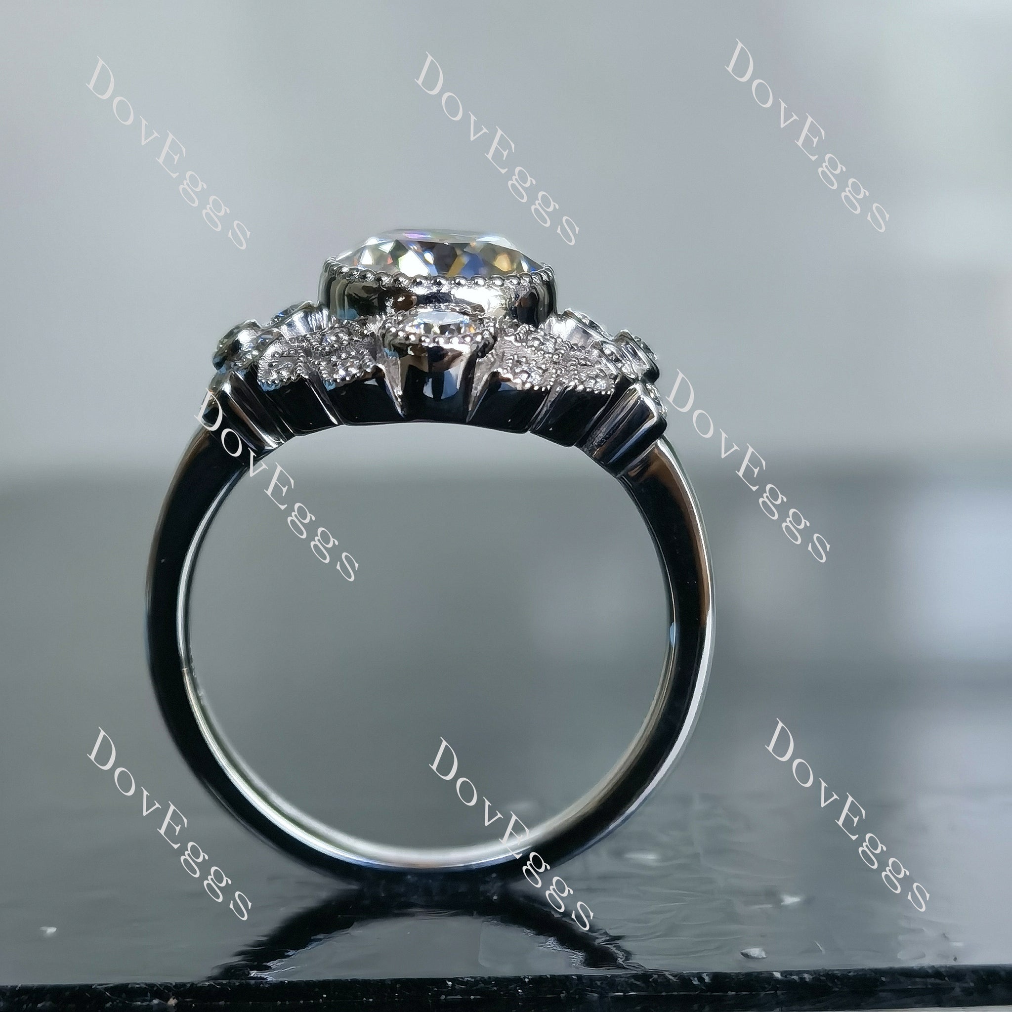 Doveggs round floral bezel moissanite engagement ring