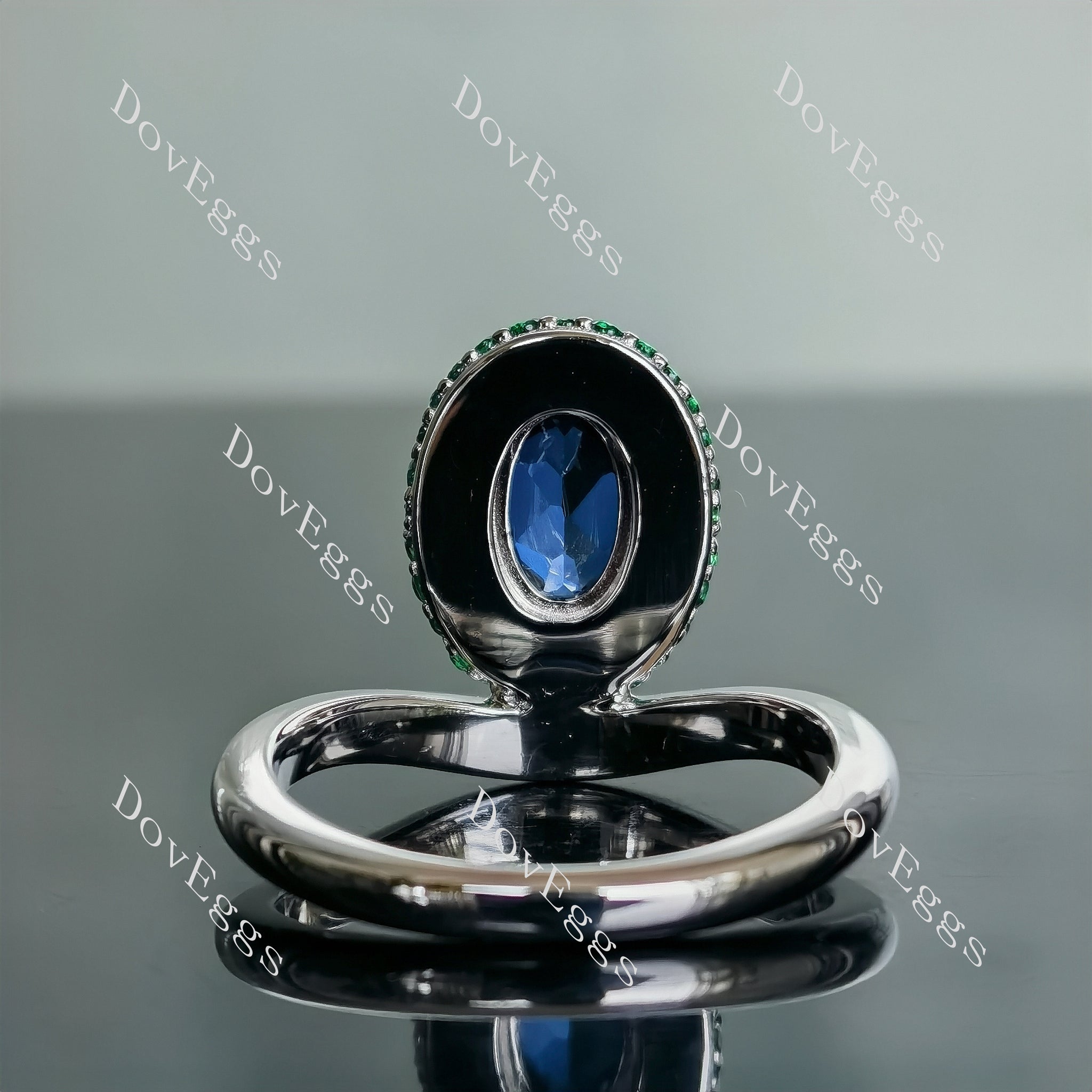 Doveggs oval halo twilight blue moissanite engagement ring