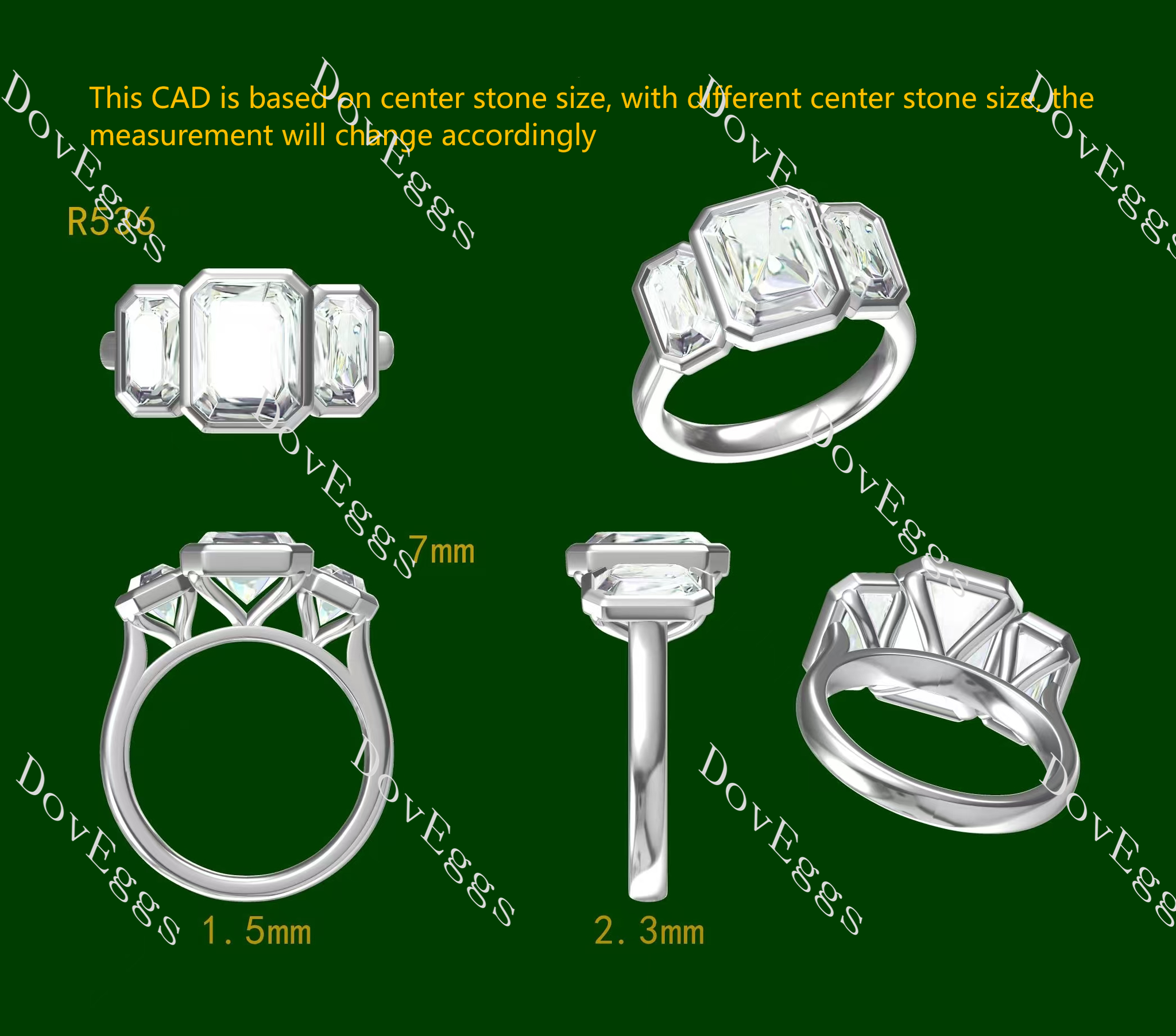 Doveggs emerald/elongated emerald bezel three stones moissanite engagement ring