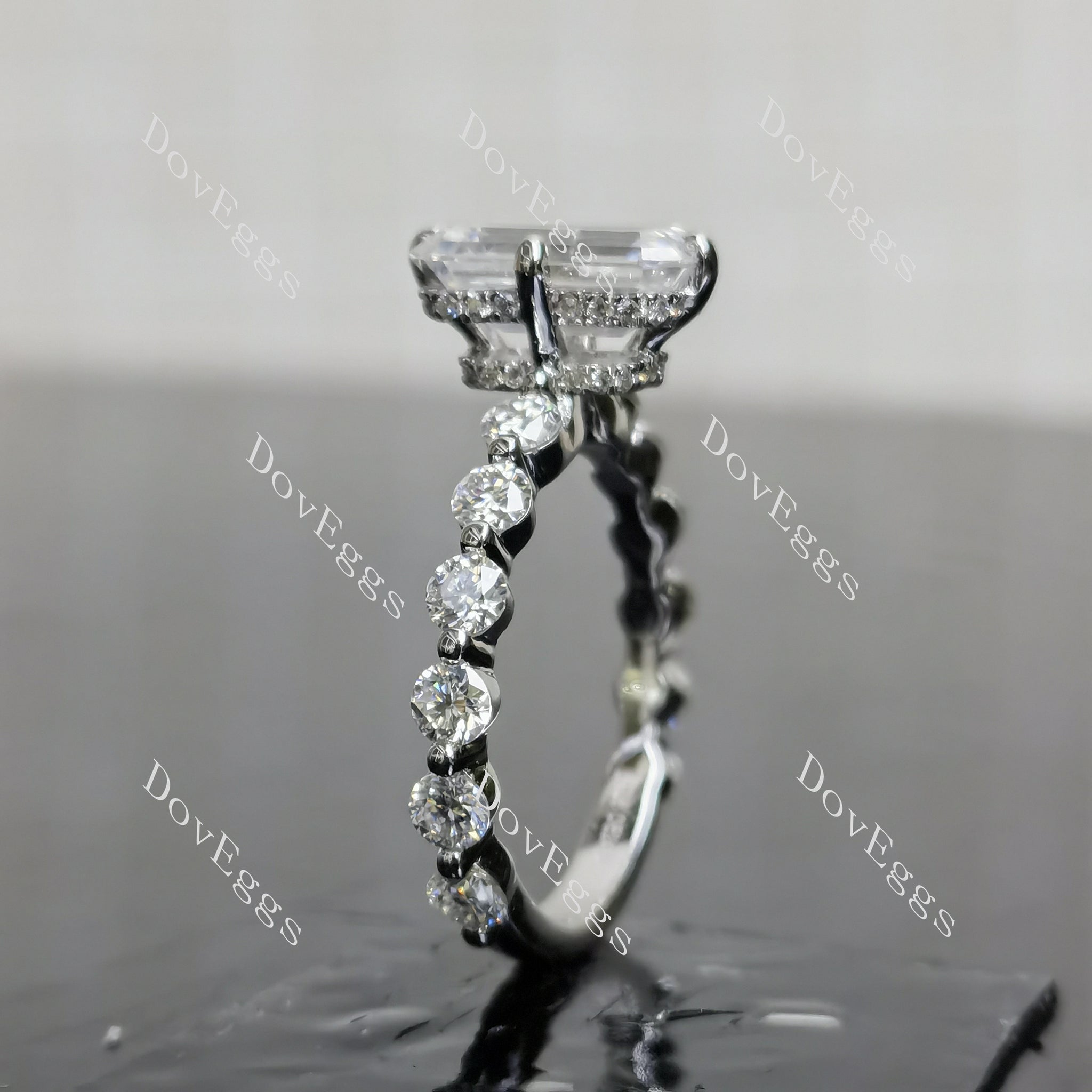 (size 6.5) Doveggs sterling silver 3ct elongated emerald moissanite engagement ring