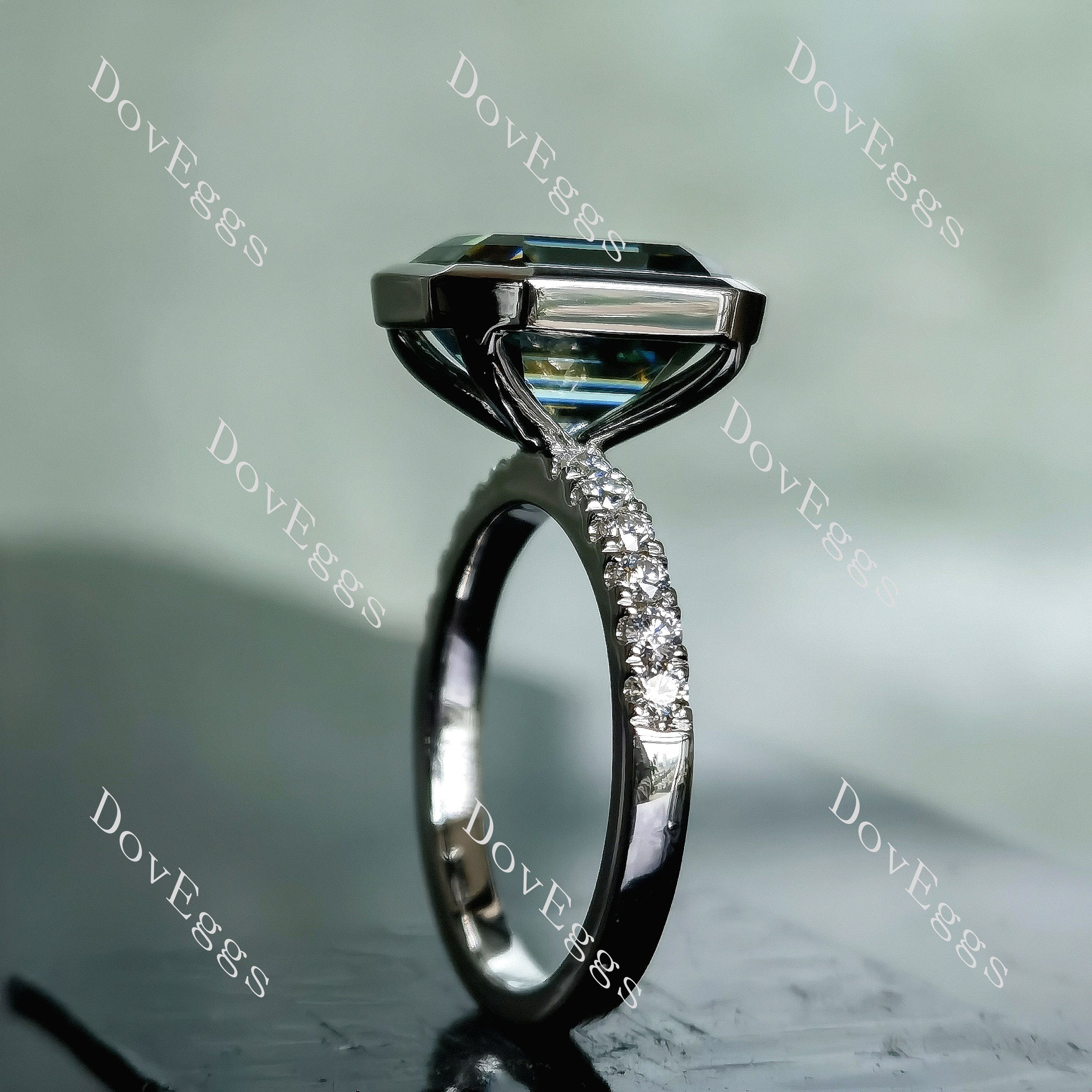 Doveggs elongated krupp cut bezel half eternity pave colored moissanite engagement ring