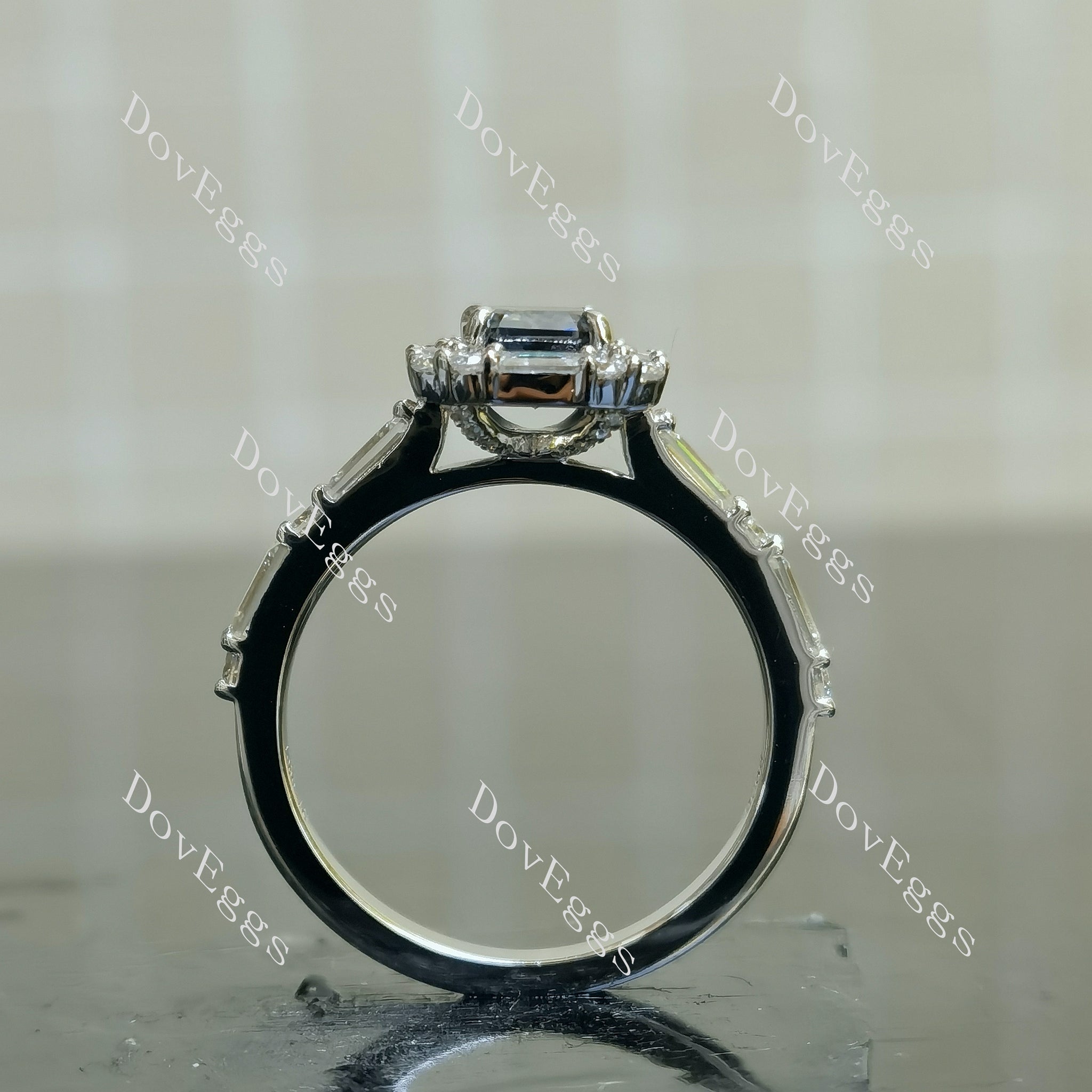 Doveggs elongated krupp cut halo pave stardust grey moissanite engagement ring