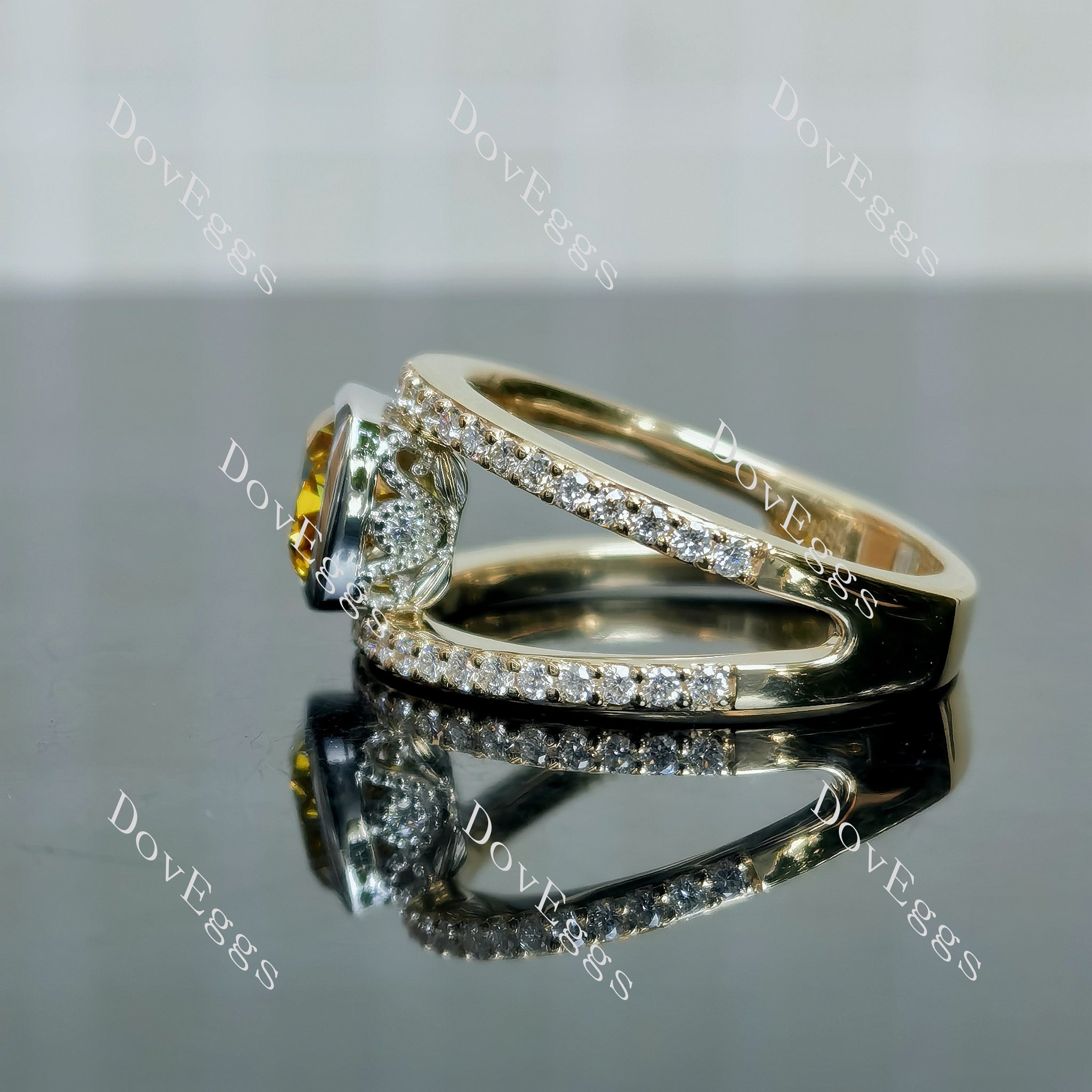 Doveggs Cushion Bezel Split Shanks Yellow Lab Grown Diamond Engagement Ring