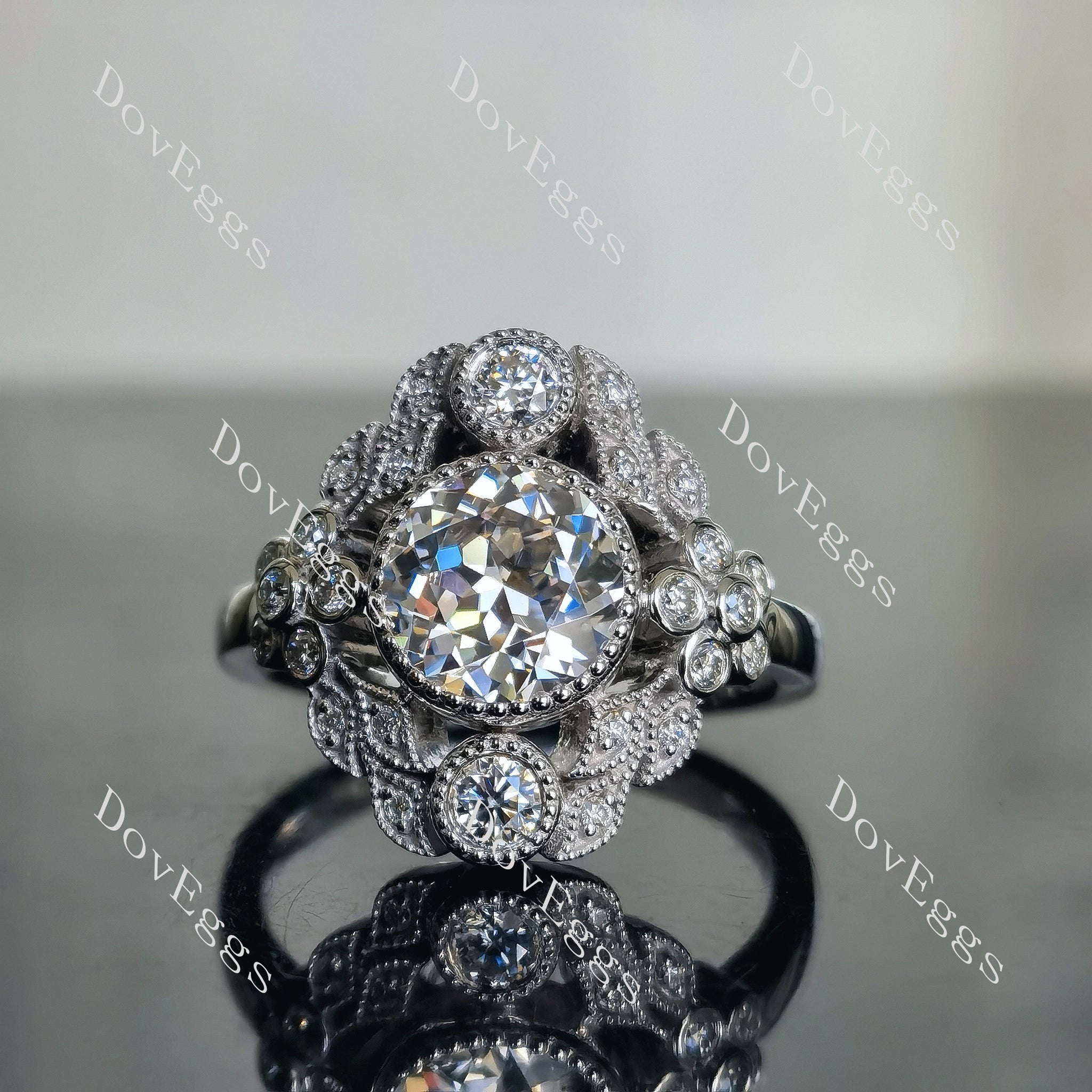 Doveggs round floral bezel moissanite engagement ring