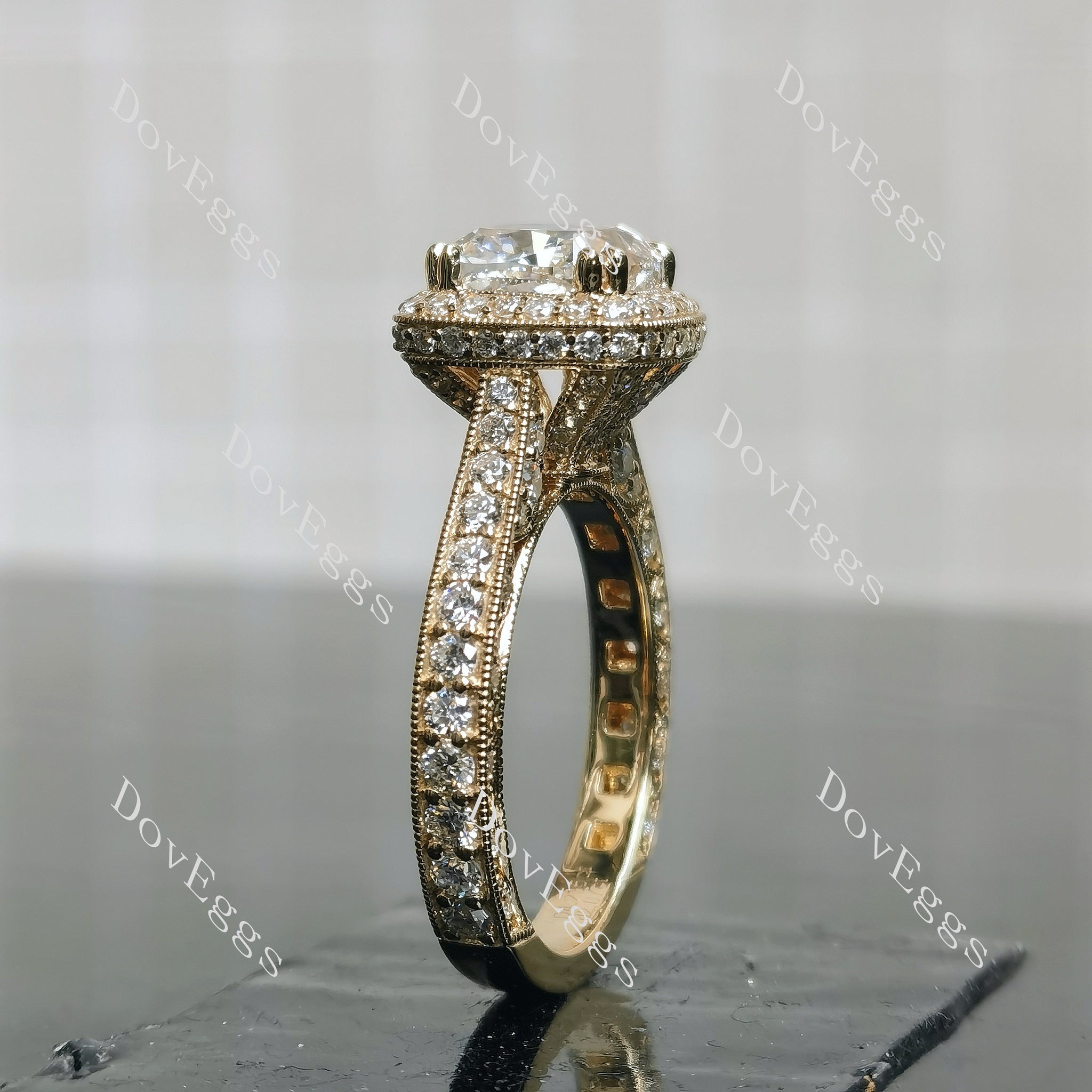 Doveggs Cushion Halo 3/4 Eternity Vintage Lab Grown Diamond Engagement Ring