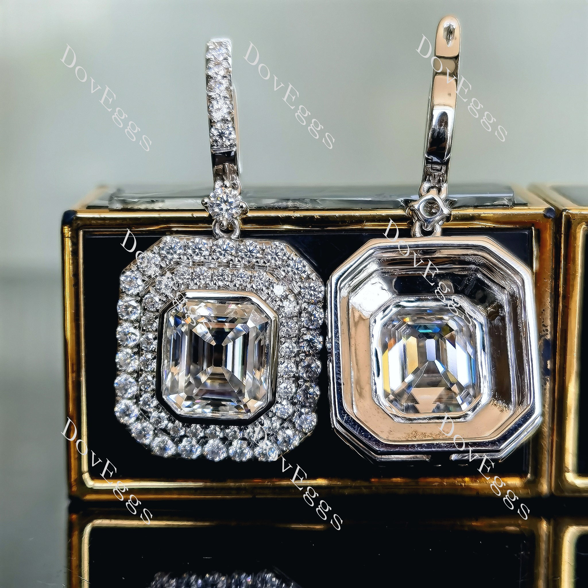 Doveggs Elizabeth Taylor Krupp cut bezel halo moissanite earrings