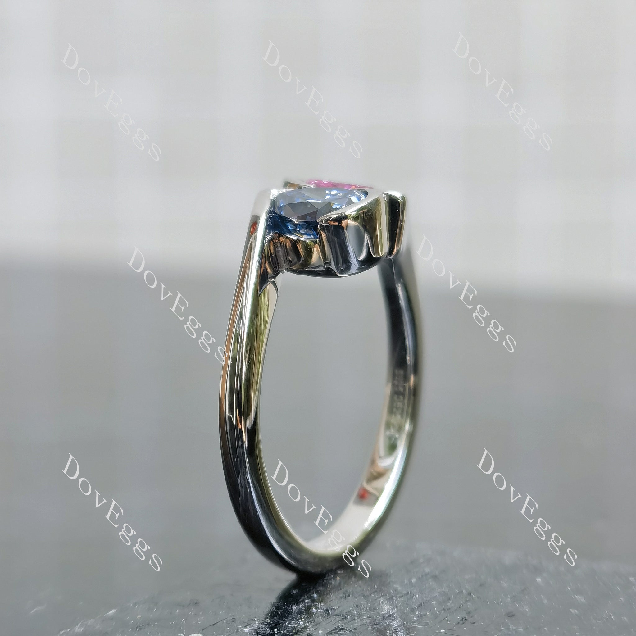 Doveggs pear bezel two stones twilight blue moissanite & colored gem moissanite engagement ring