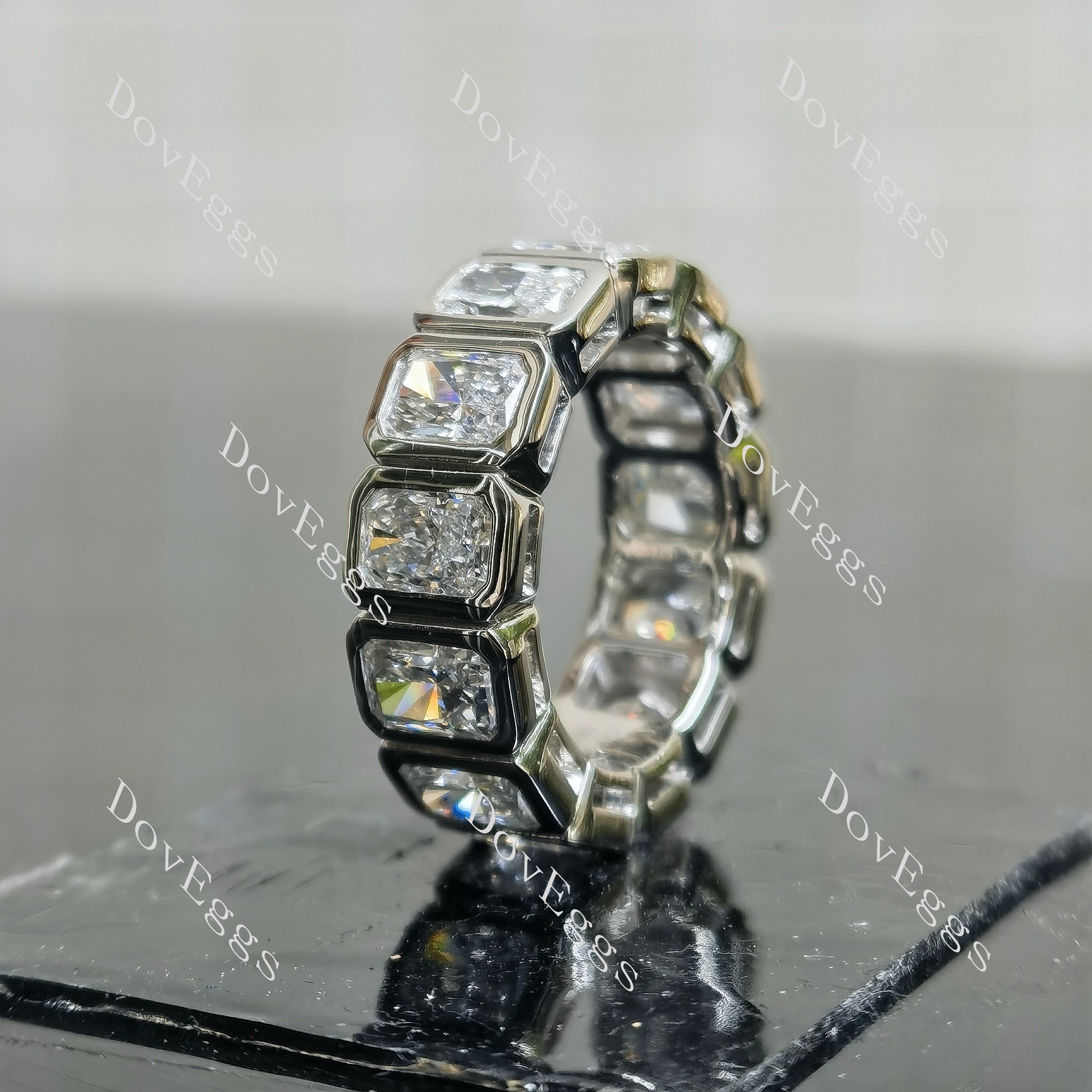 Doveggs radiant full eternity bezel moissanite/lab grown diamond accents wedding band-6.4mm band width