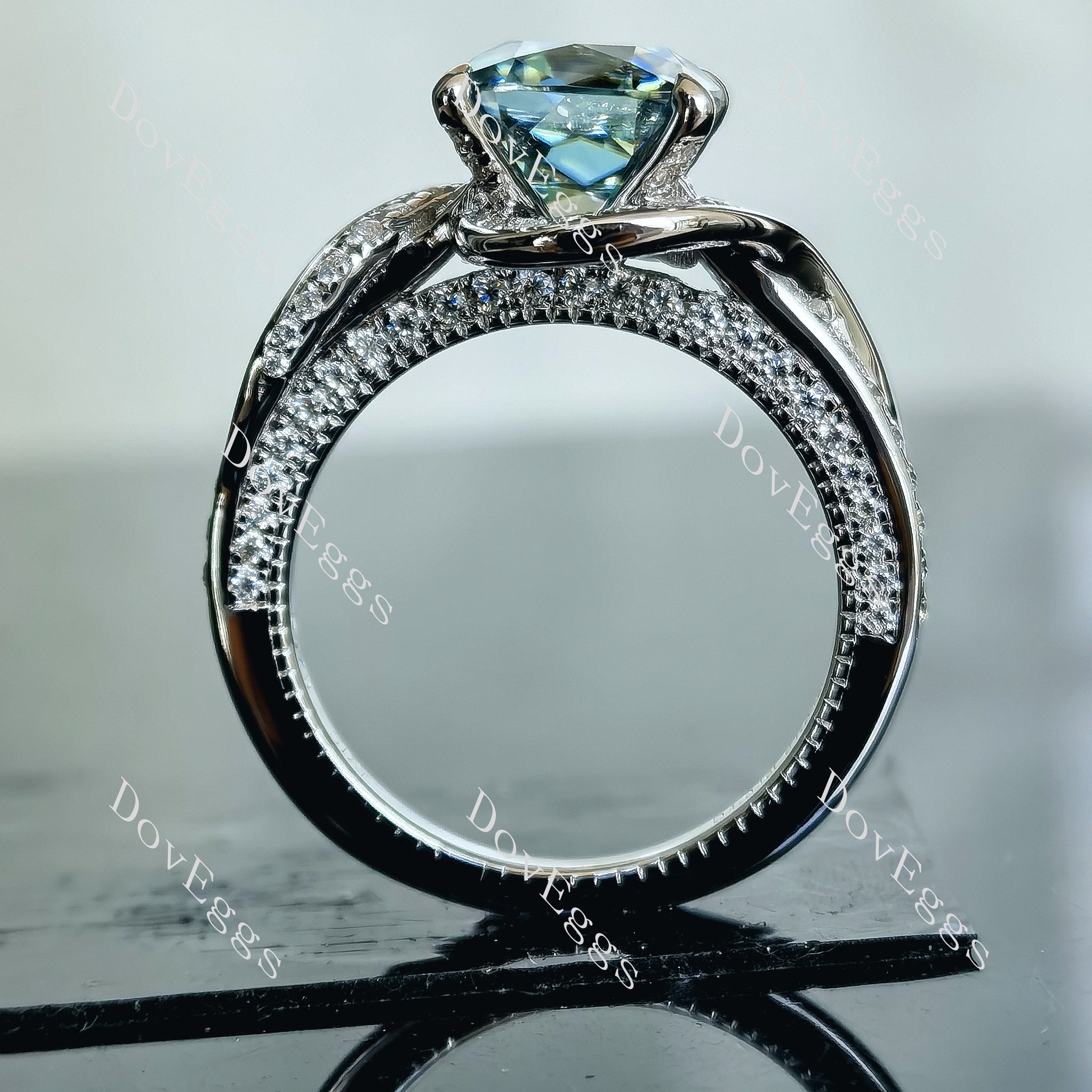 Doveggs cushion half eternity pave colored moissanite engagement ring