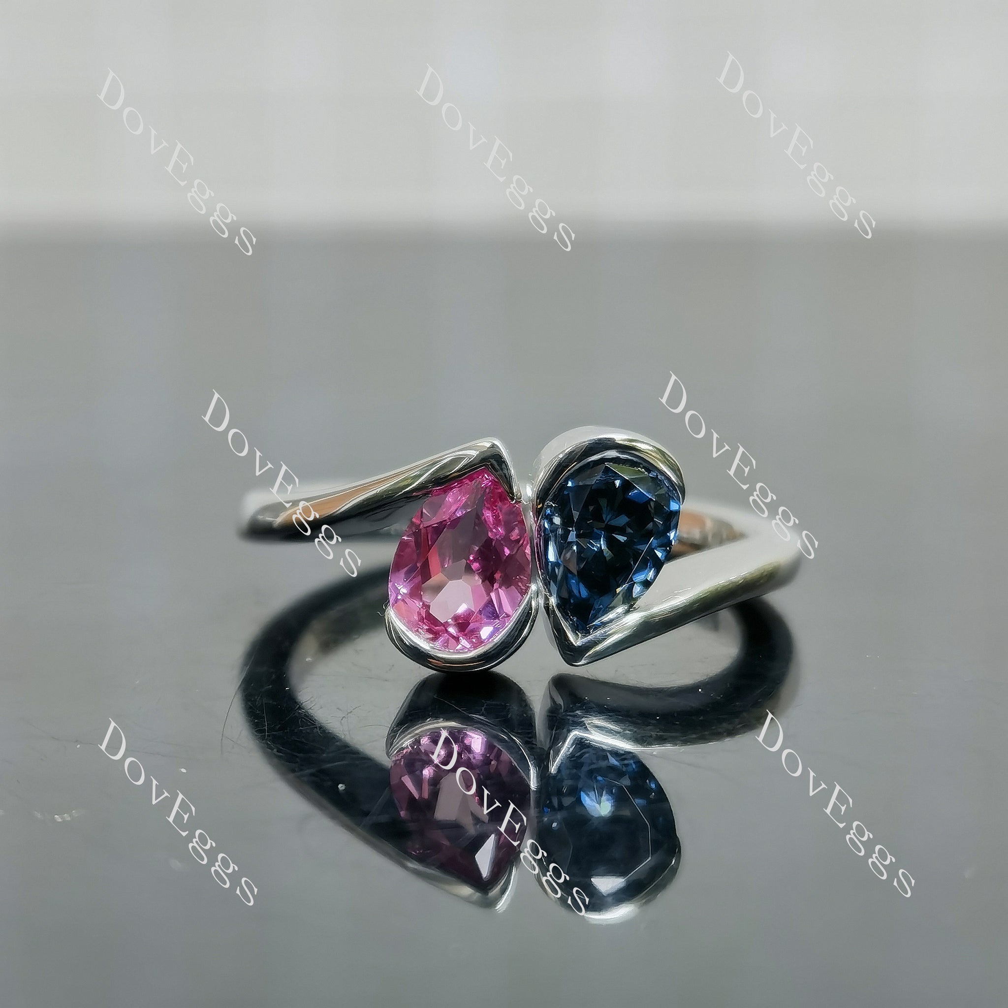 Doveggs pear pave two stones twilight blue moissanite & colored gem moissanite engagement ring