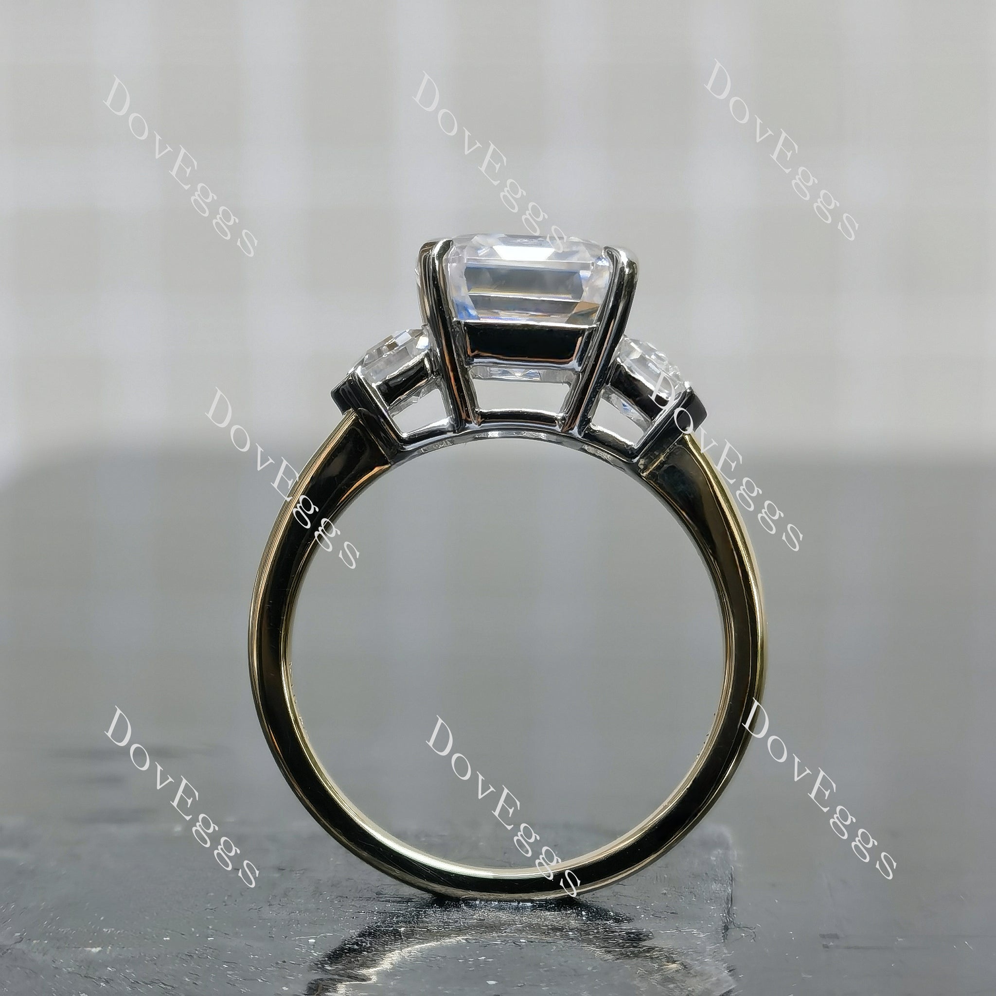 Aniela Asscher three stones moissanite engagement ring