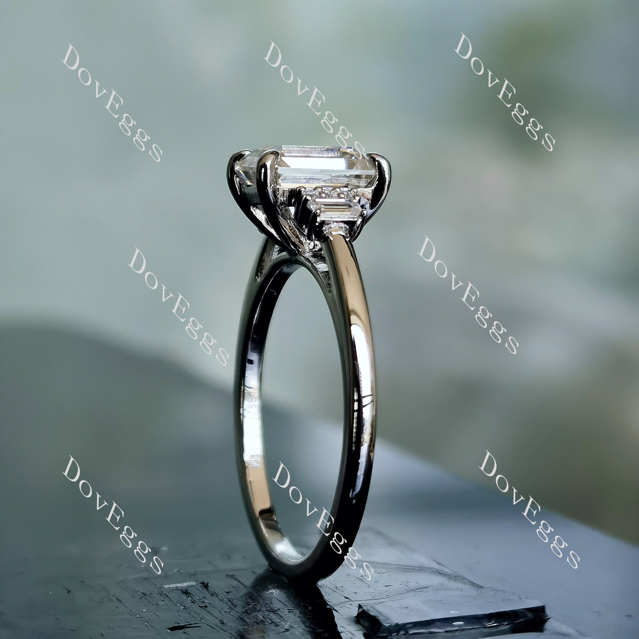 Doveggs emerald side stone moissanite engagement ring