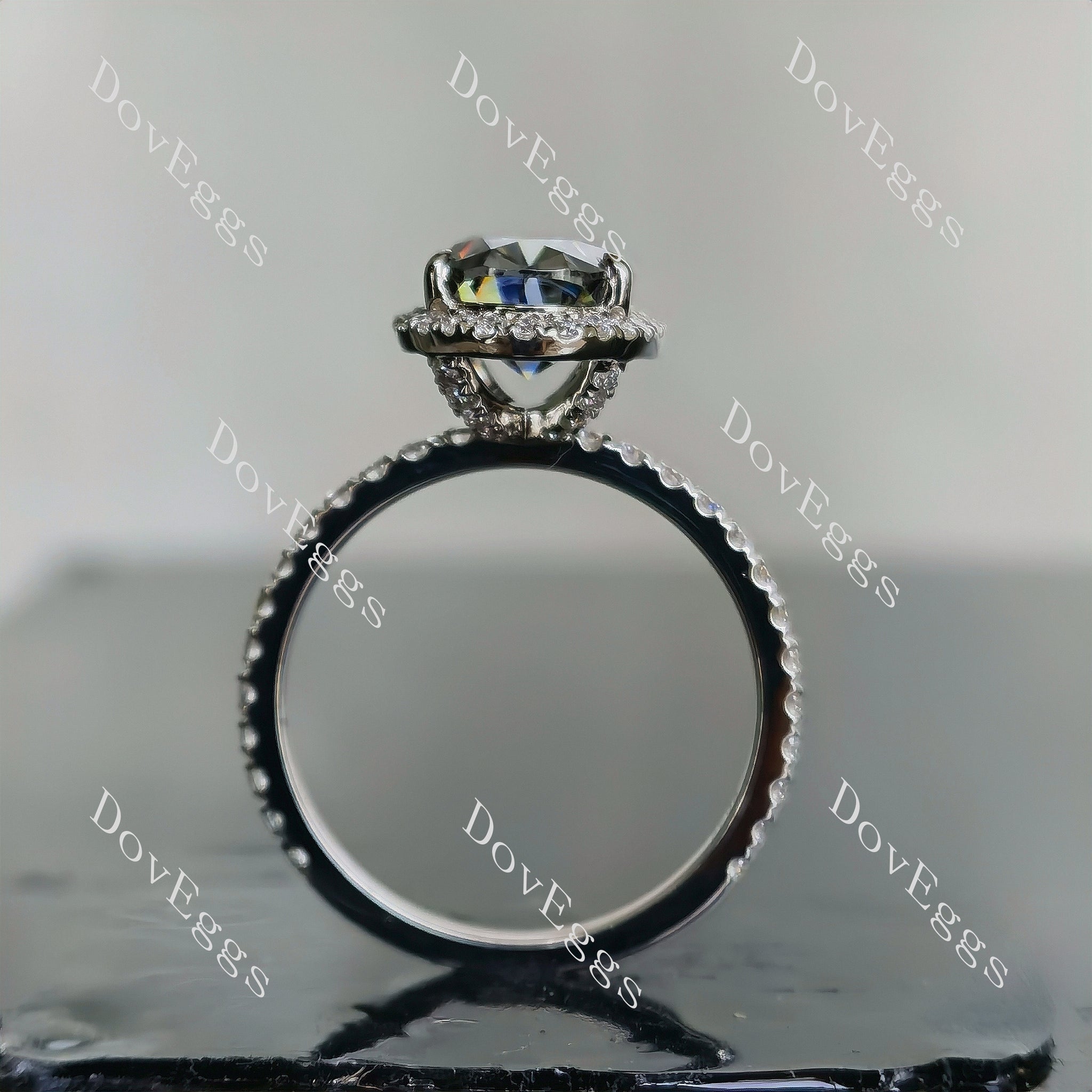 Doveggs oval halo pave stardust grey moissanite engagement ring