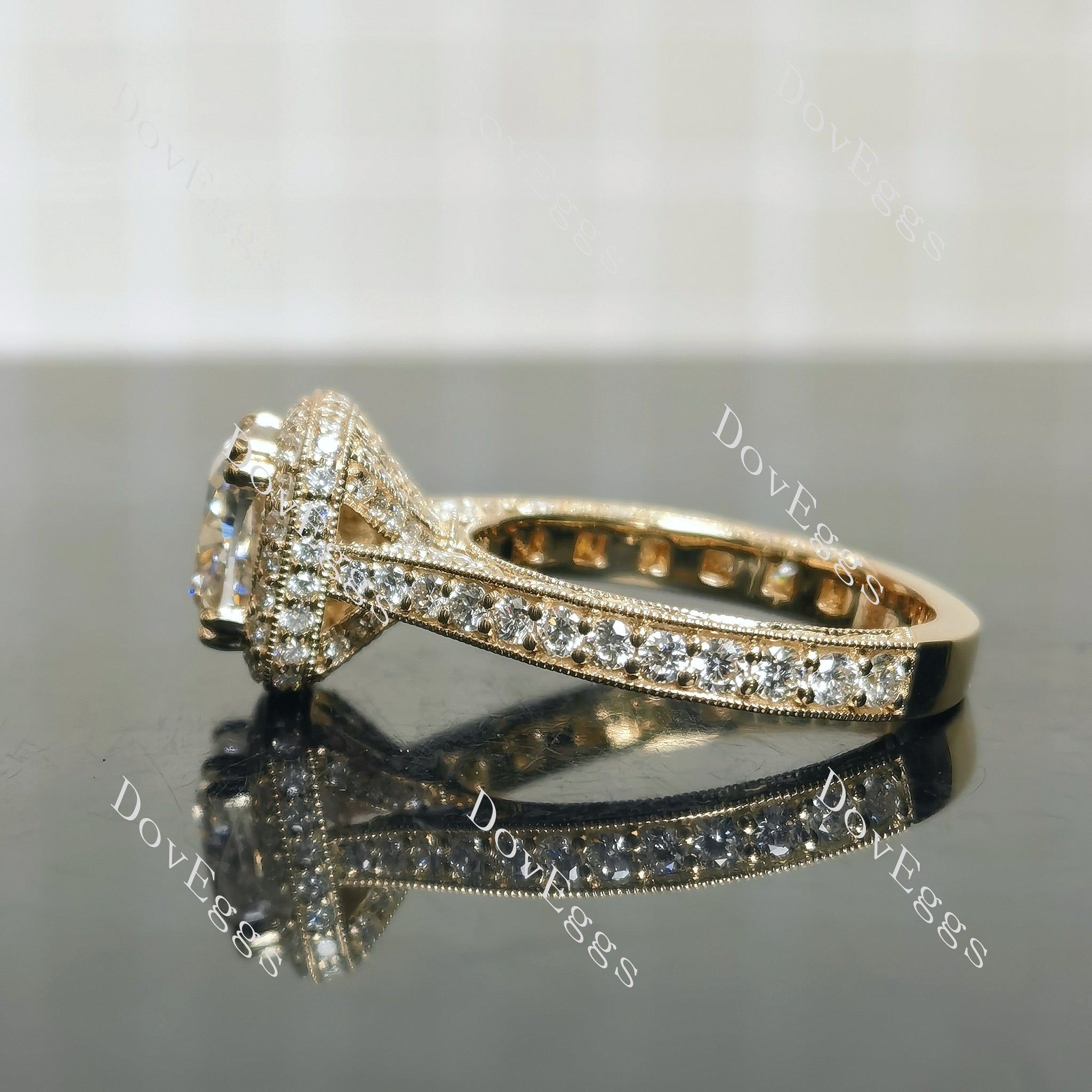 Doveggs Cushion Halo 3/4 Eternity Vintage Lab Grown Diamond Engagement Ring