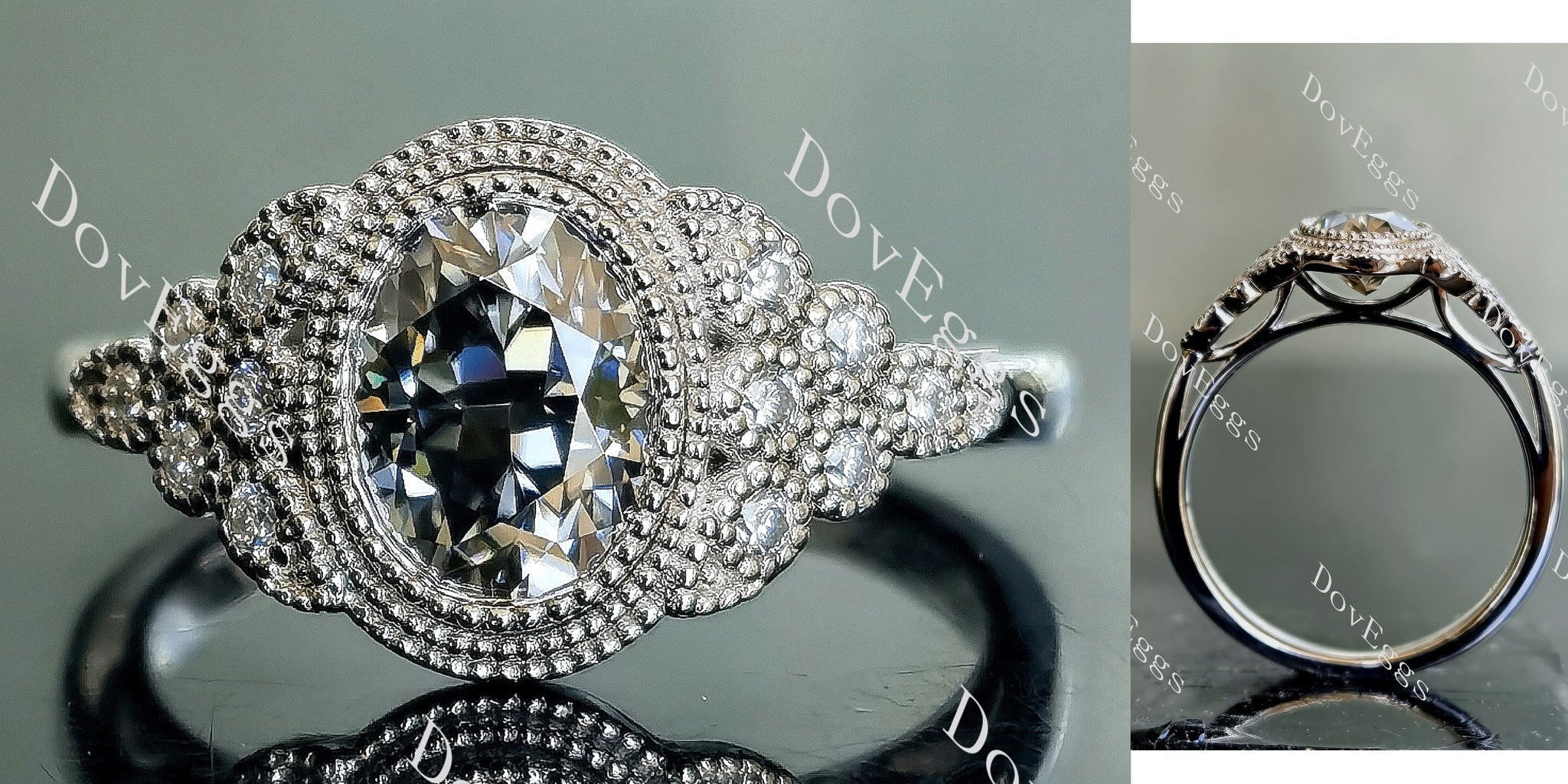 Atherine’s Joy oval side-stone stardust grey moissanite ring