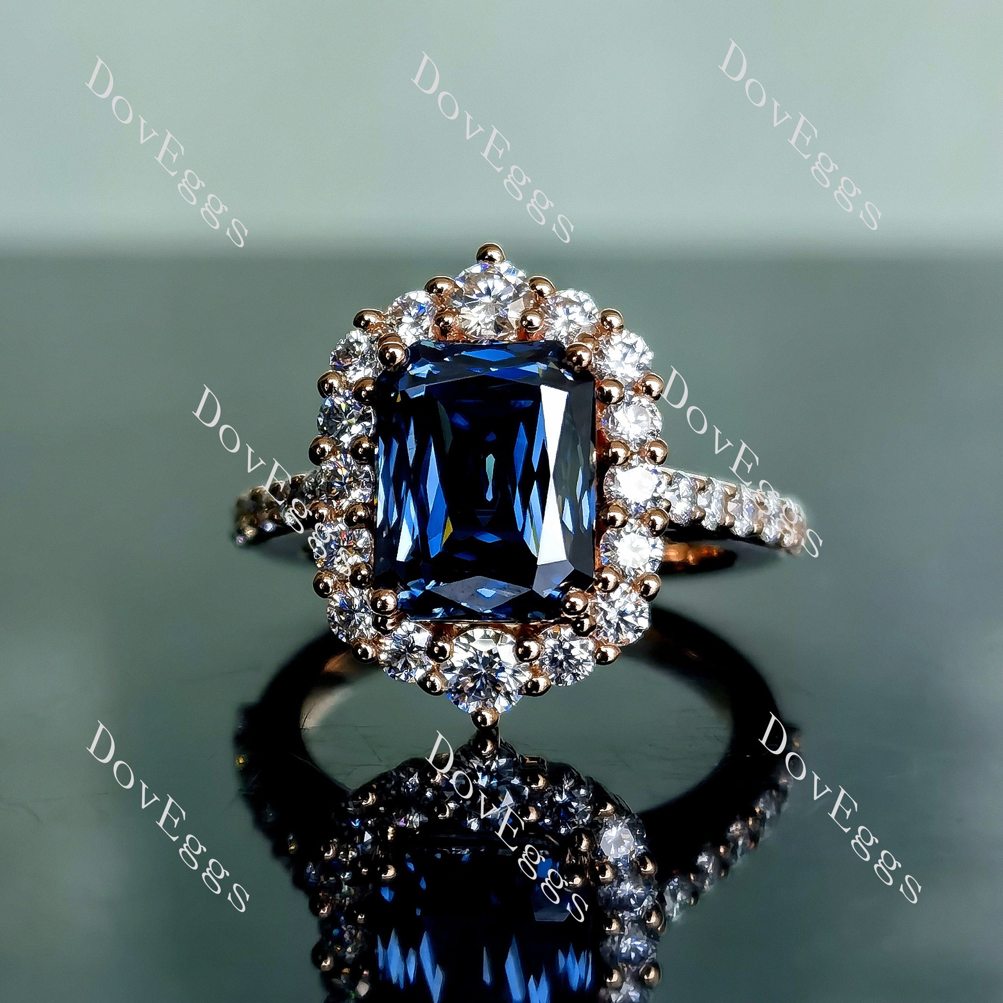 Doveggs criss cut halo twilight blue moissanite engagement ring